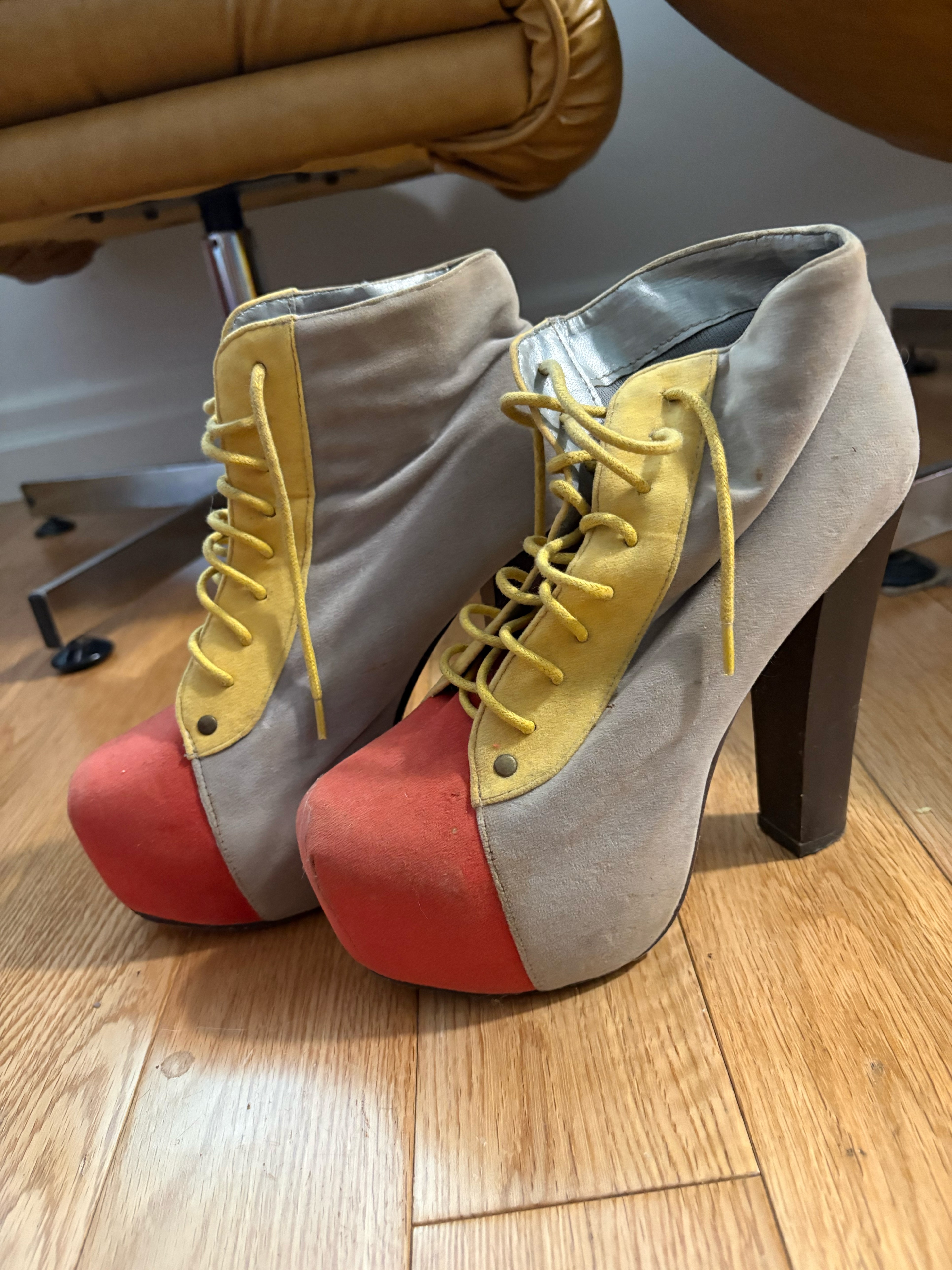 5.5 inch suede colourful chunky platform heels