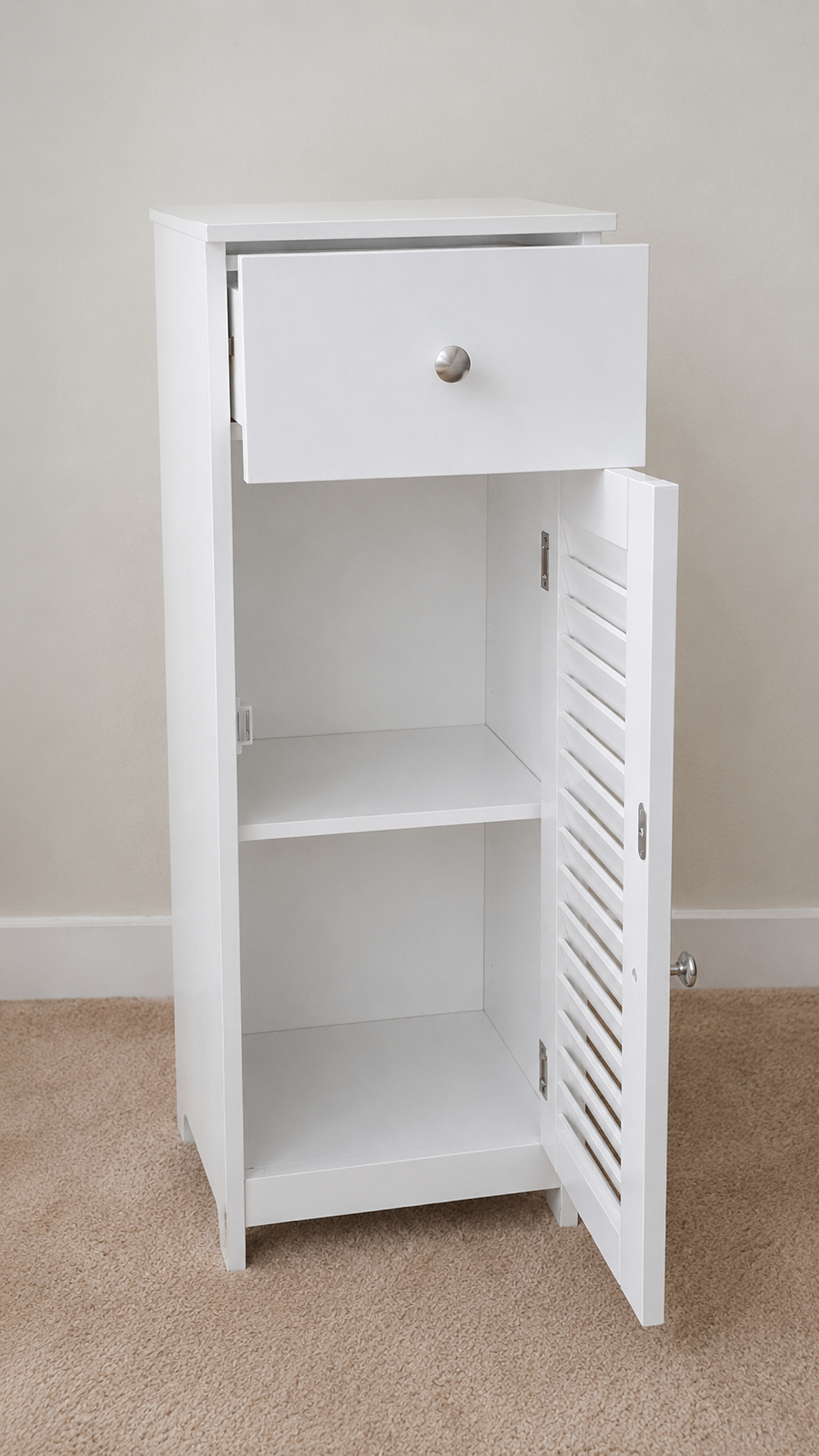 White Wooden Bathroom Storage Cabinet w/ Drawer & Shutter Door