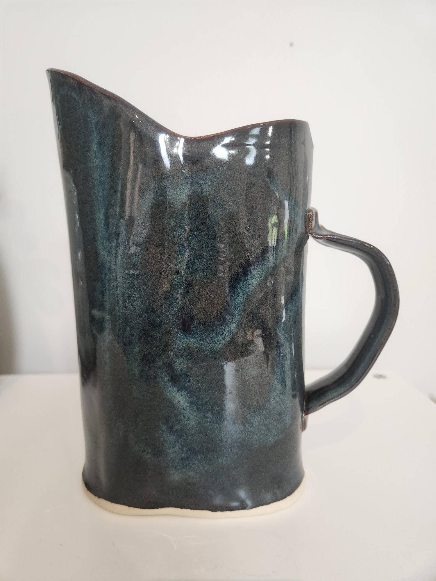Gorgeous Handmade Rustic Pitcher w/ Deep Blues, Purples & Greens