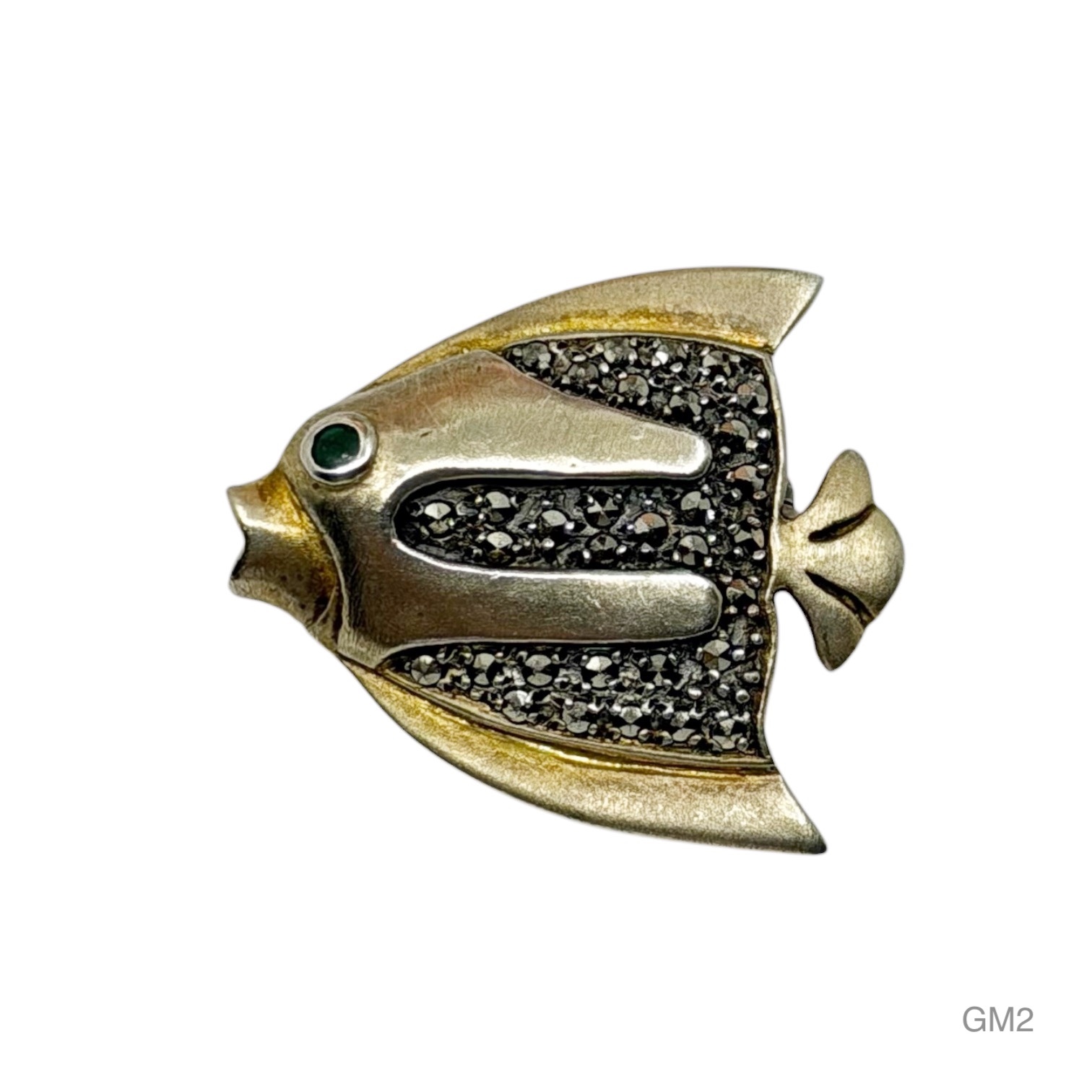 Gold vermeil sterling silver emerald marcasite fish brooch