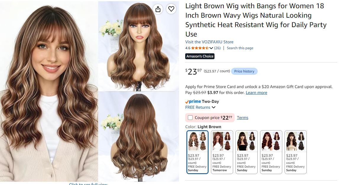 NEW~ Light Brown Wavy Wig with Bangs – 18" - photo 4