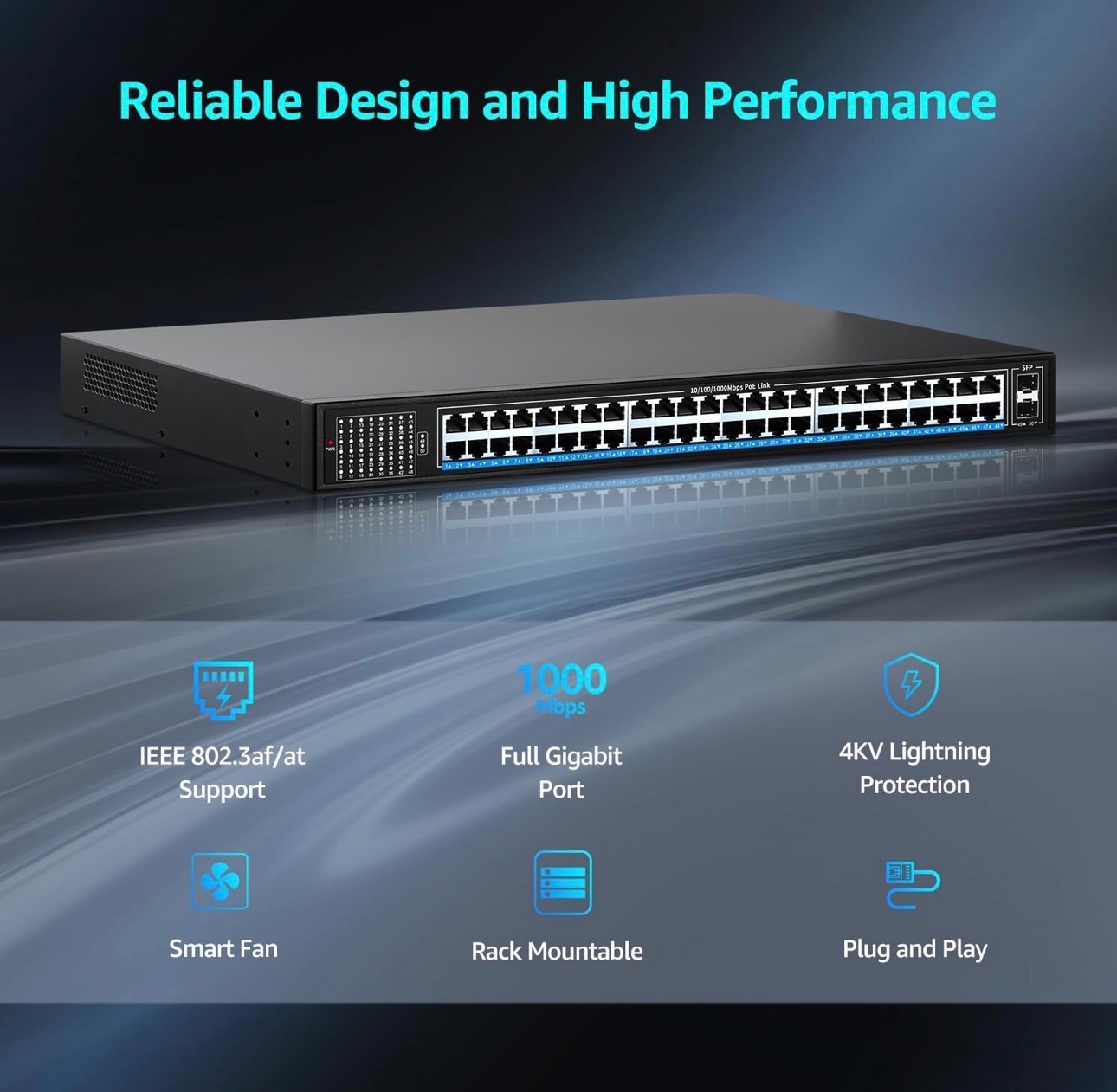 Ethernet Switch 48 Port Gigabit PoE Switch IEEE802.3af/at 2x1G S - photo 3