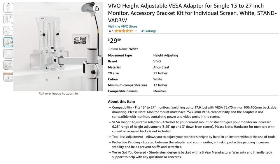 Monitor adapter VESA, VIVO Height Adjustable, 13 to 27 inch