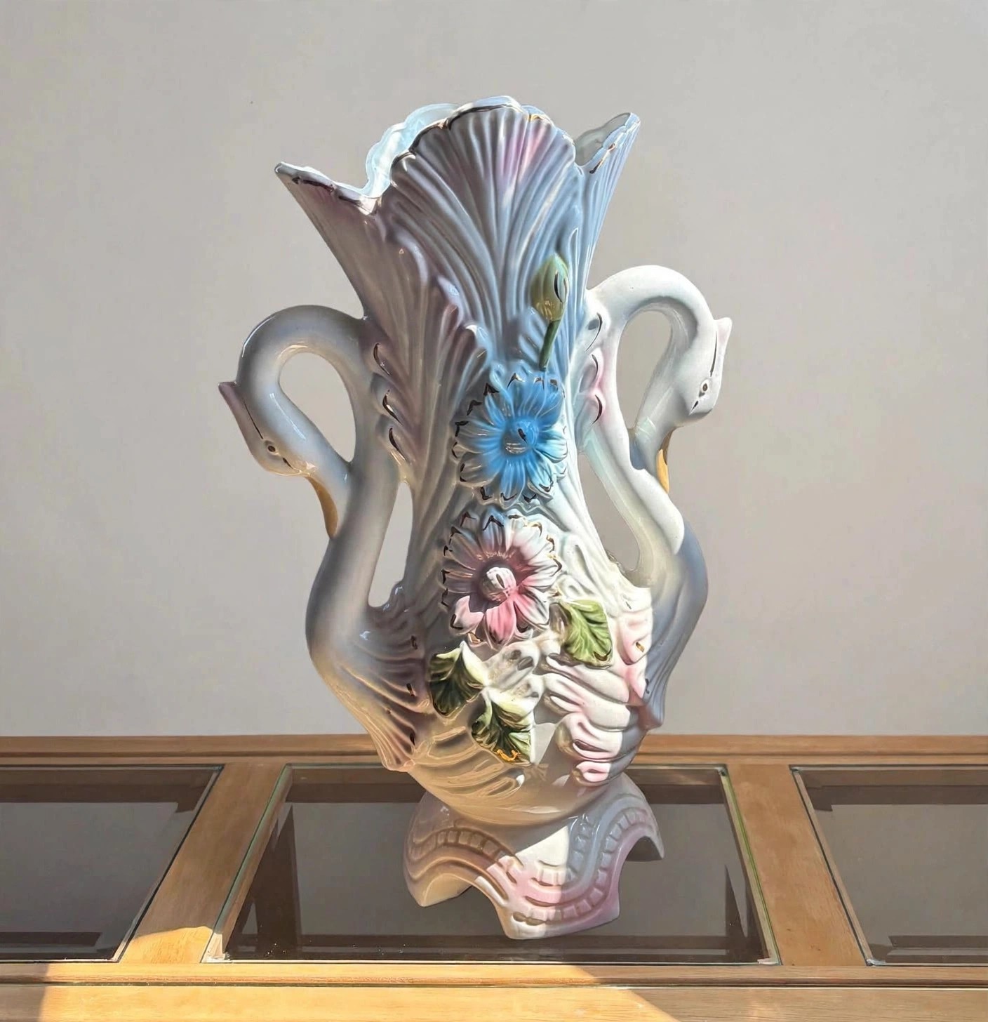 Vintage Lusterware Twin Swan Floor Vase 19in 3D Floral Taiwan