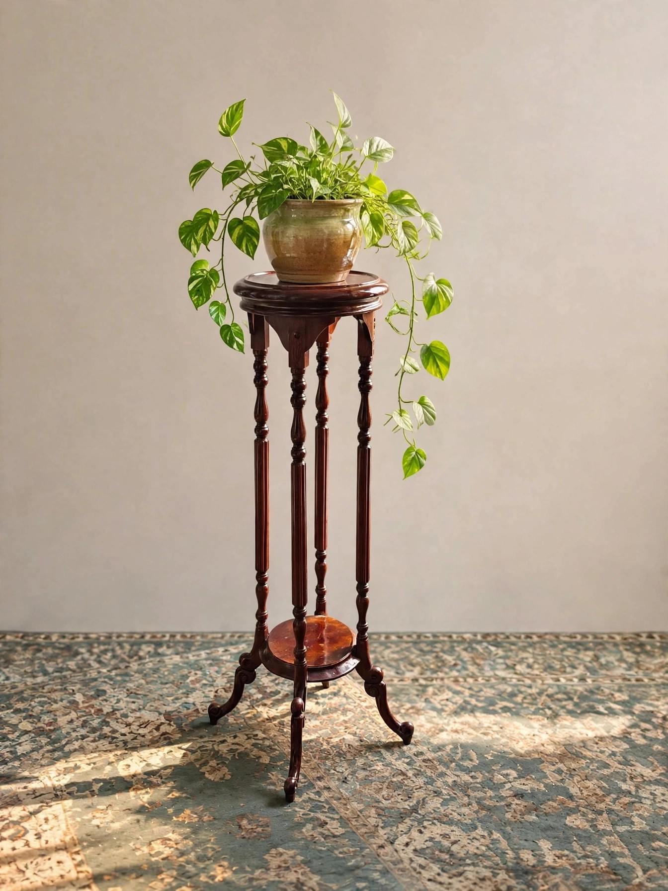 Victorian Mahogany Plant Stand, Turned Fluted Legs, Shelf