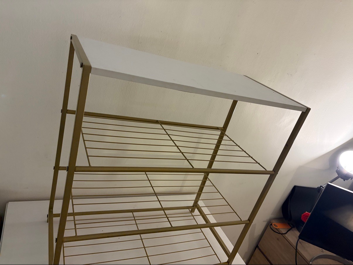 Storage Shelf Gold Metal & White Wood Top 4-Tier Shoe Rack