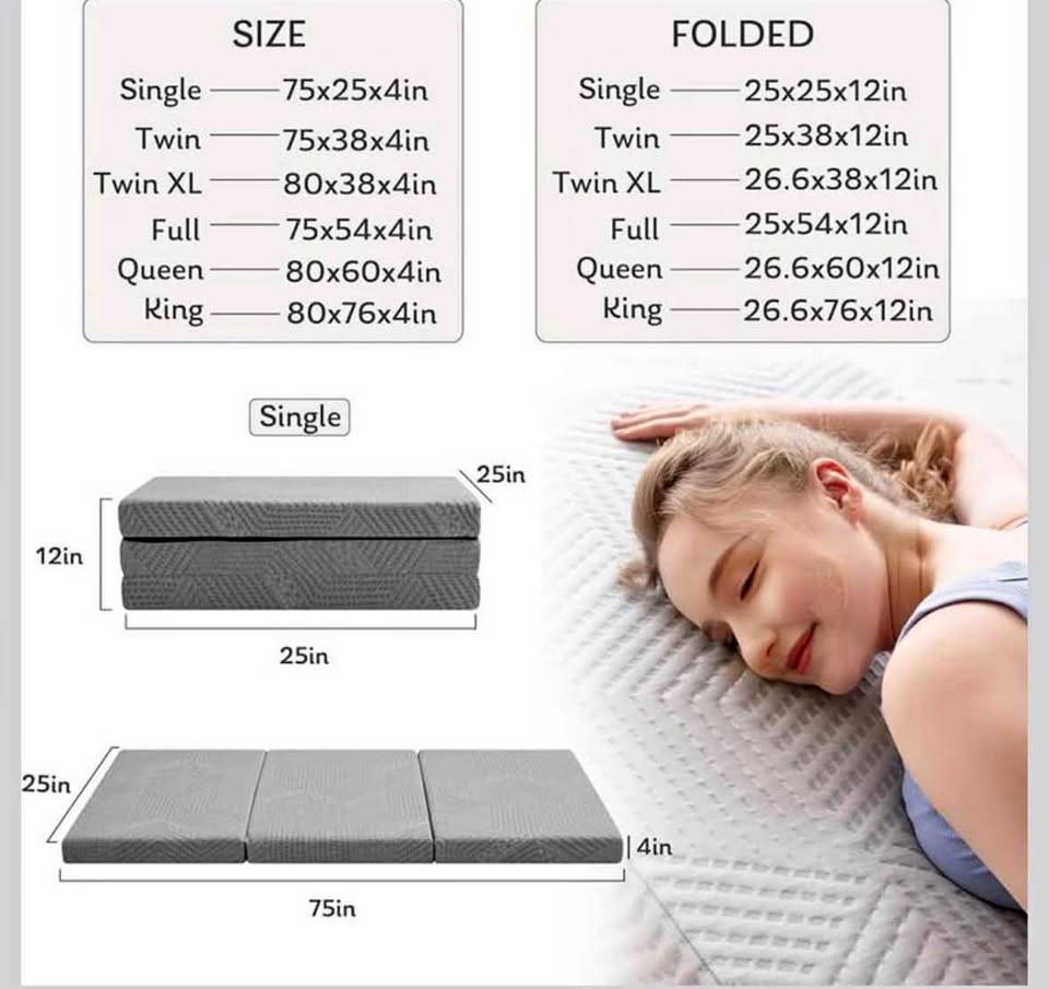4 Inch Tri-Folding Twin Memory Foam Mattress (New)