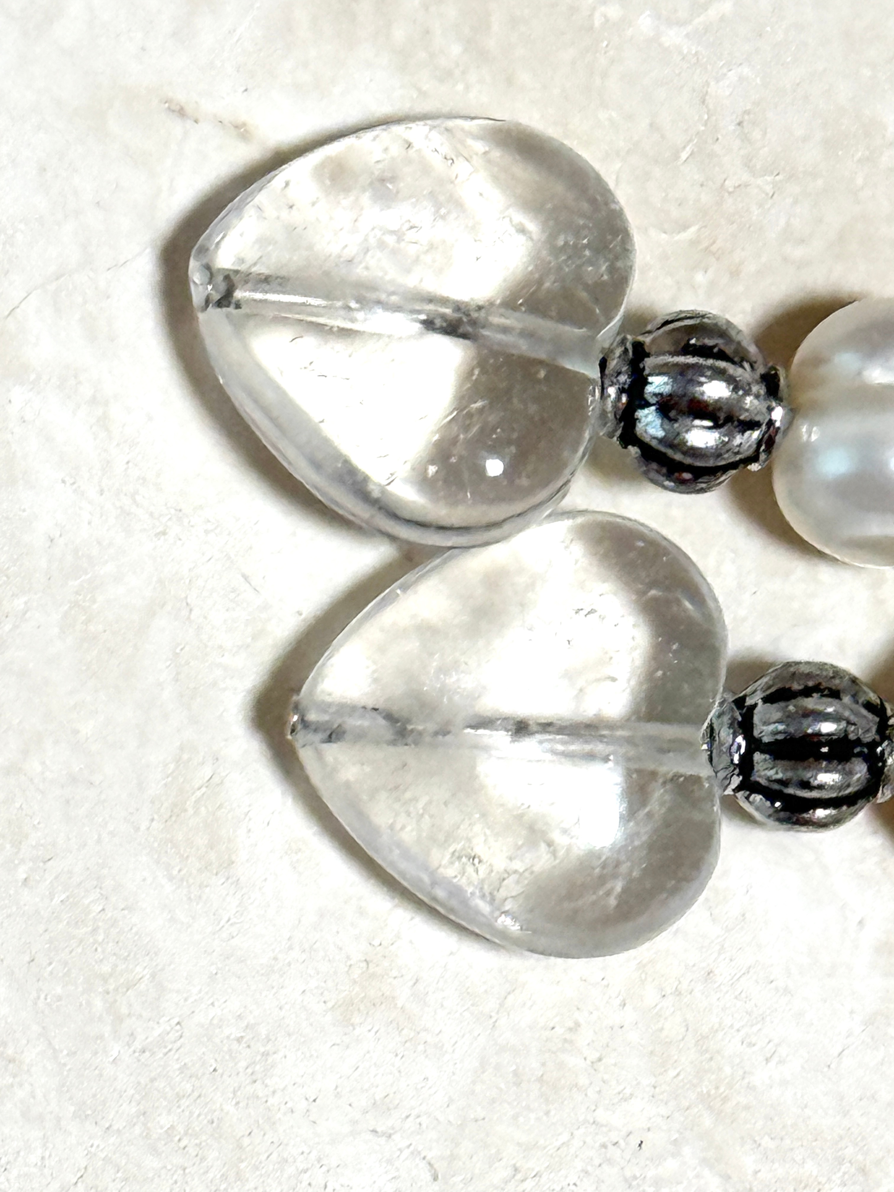 Clear Quartz & Pearl Stone Heart 925 Silver Hook Earrings - photo 4