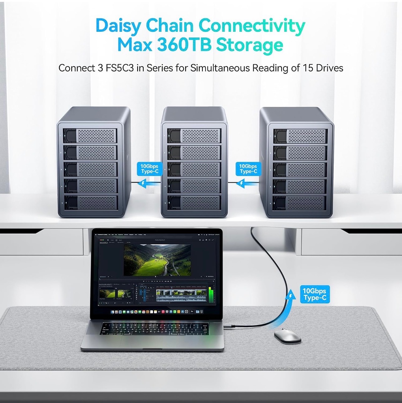 5 Bay Hard Drive Enclosure 10Gbps Type-C External 360TB Support