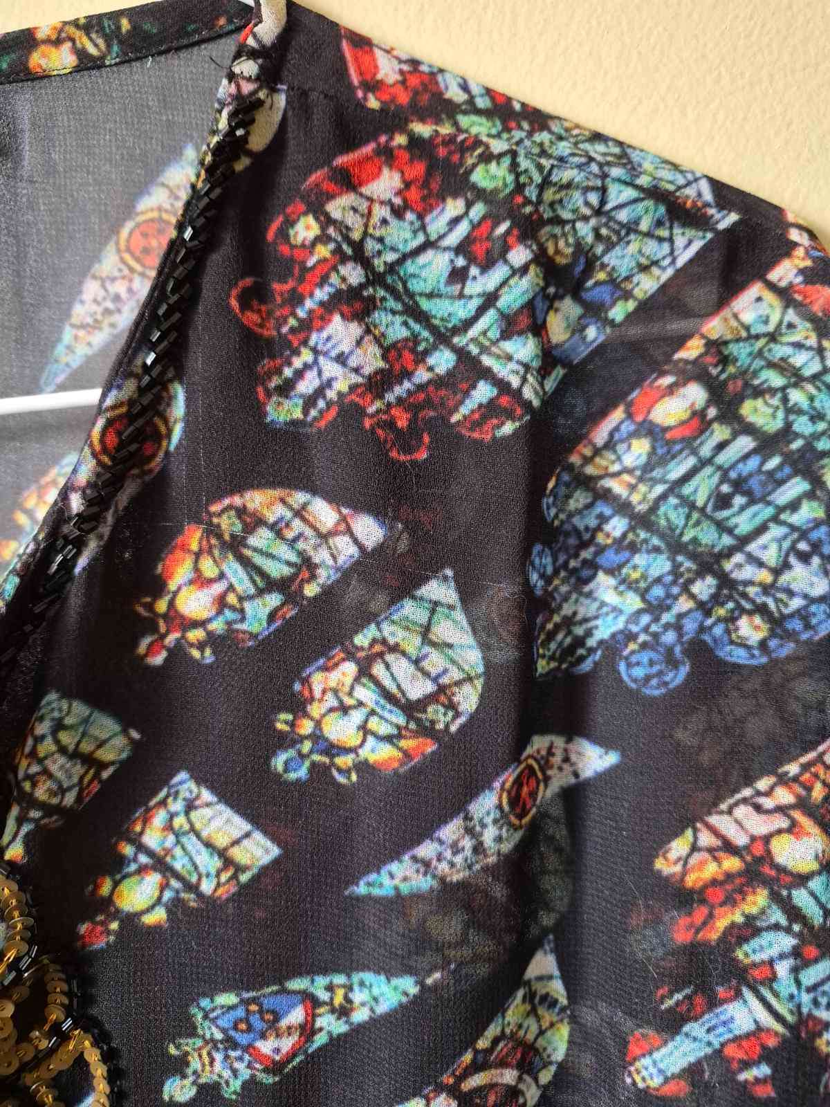 Boho Stained Glass Print Sequin Embellished Kaftan Cover Belted - photo 2