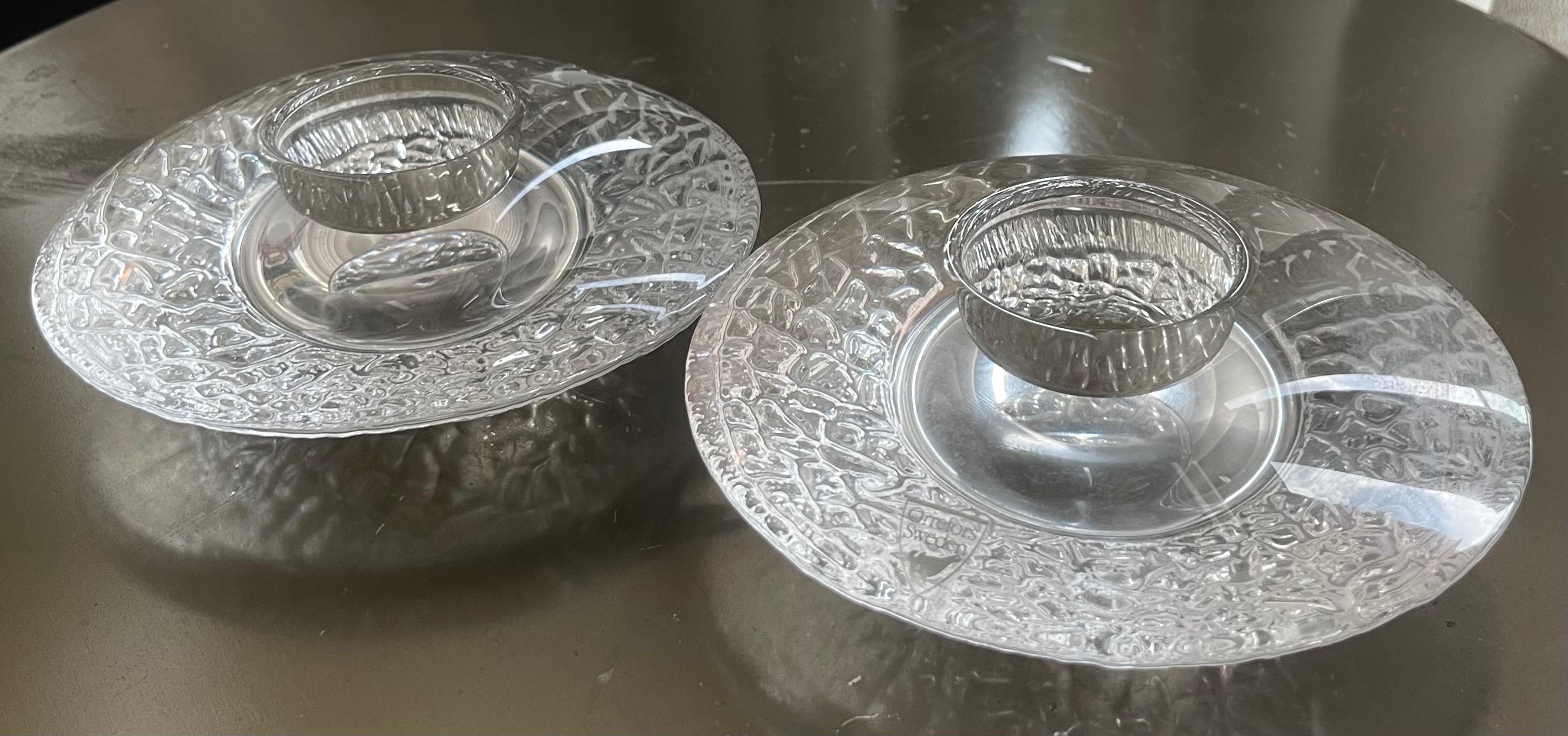 Pair of Orrefors Swedish Crystal Discus Votive Holders