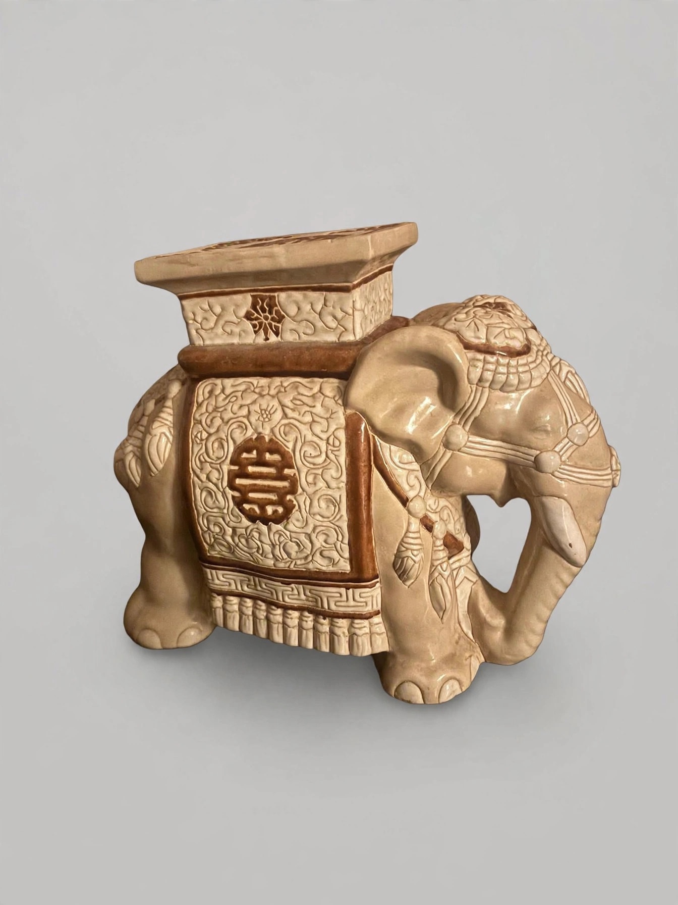 Vintage Ceramic Elephant Garden Stool Plant Stand Cream