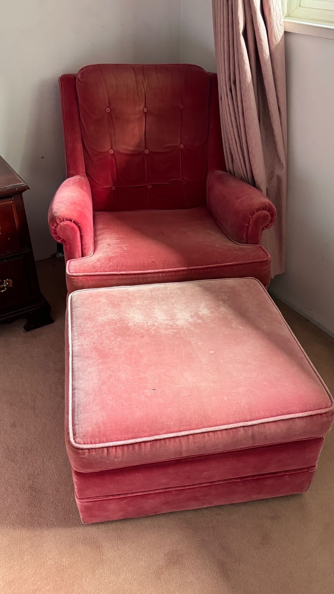 Velvet Upholstered Armchair & Ottoman – C$145