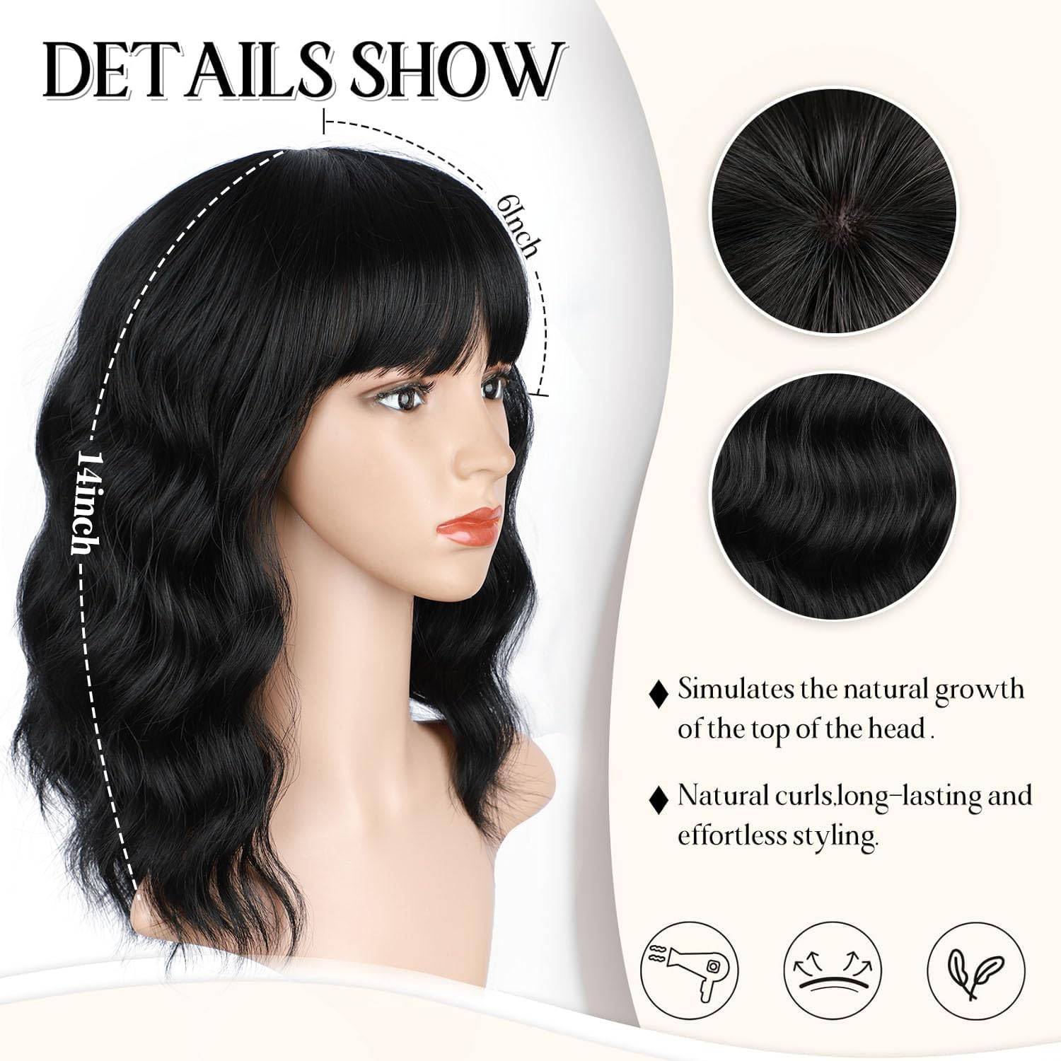 NEW~ Black Short Wavy Bob Wig with Bangs – 14" - photo 3