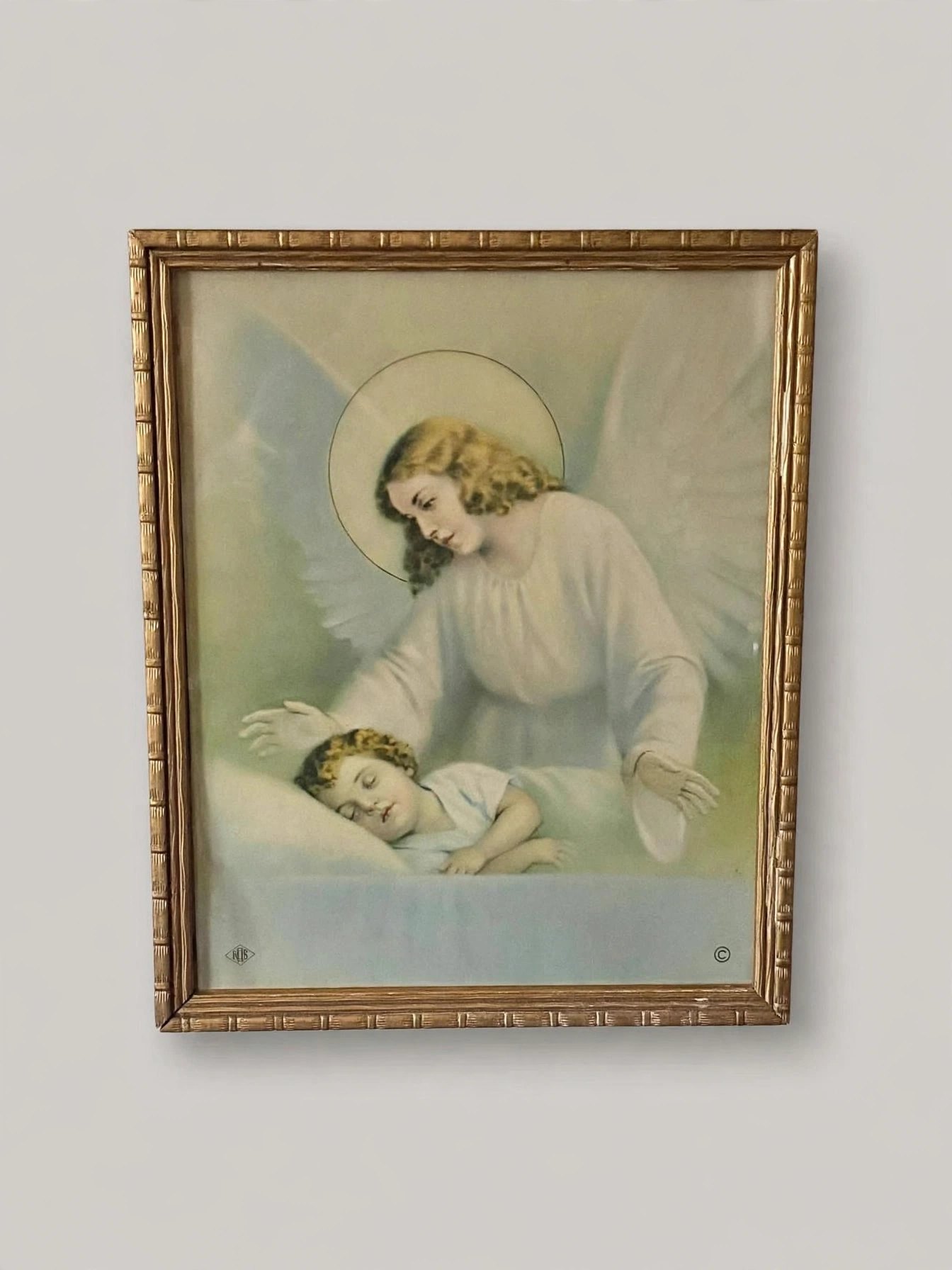Vintage Guardian Angel Watching Sleeping Child Framed Print