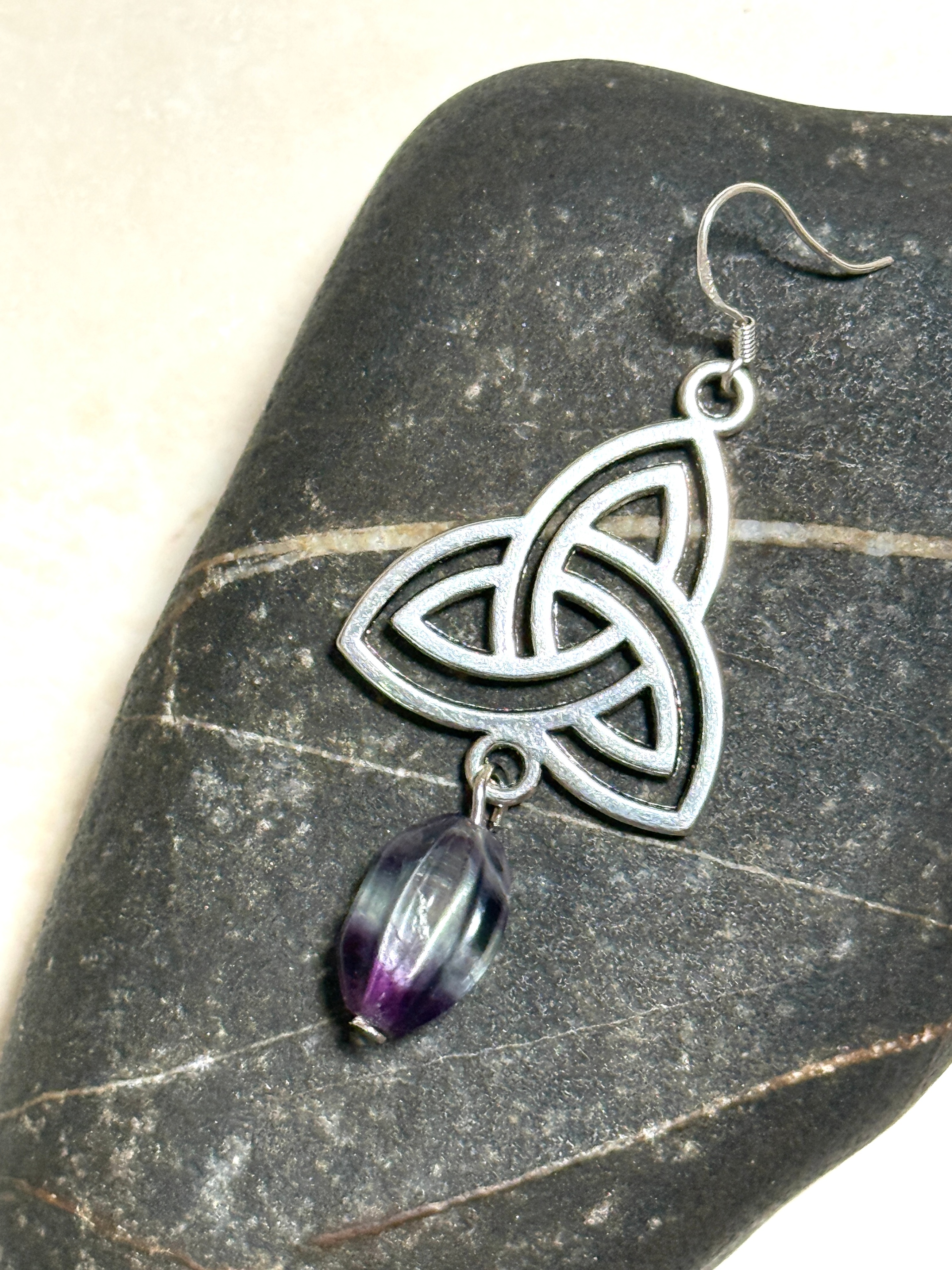 Rainbow Fluorite Triqueta Earrings, Sterling Silver Hooks - photo 4