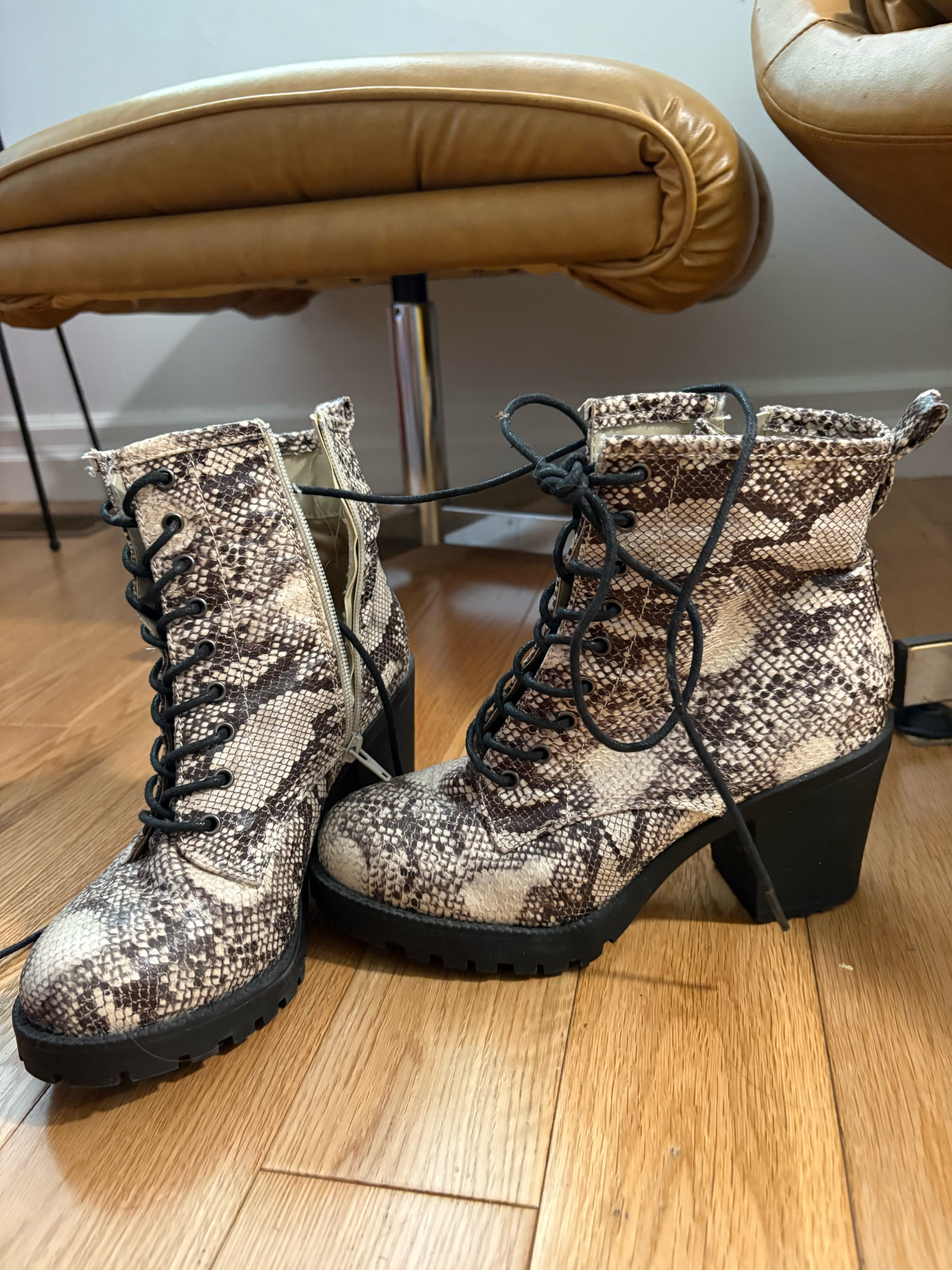 Faux snakeskin boots with chunky heels