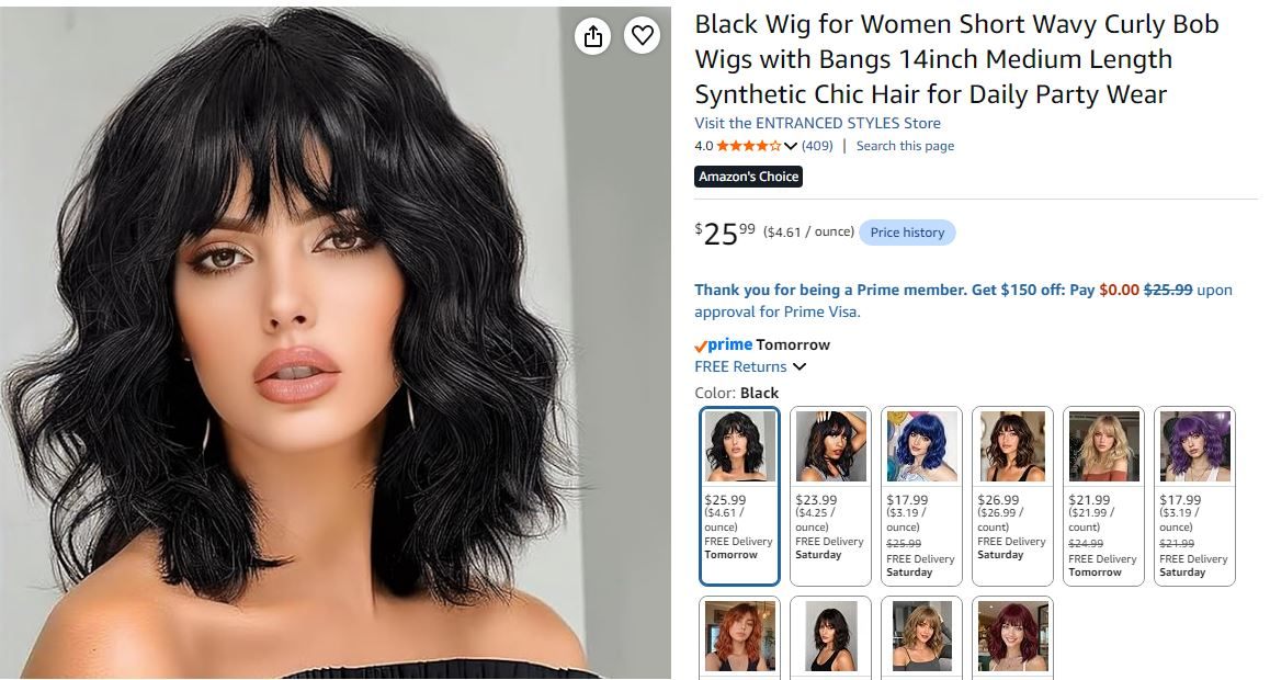 NEW~ Black Short Wavy Bob Wig with Bangs – 14" - photo 4