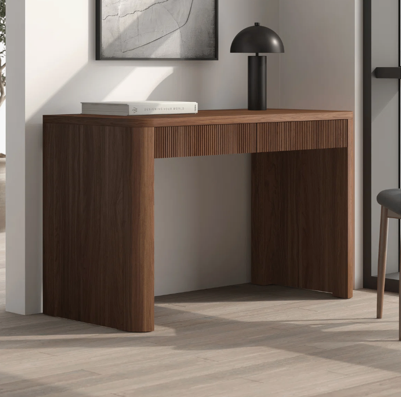 Satin Walnut Wood Vanity Console Table with Two Drawers