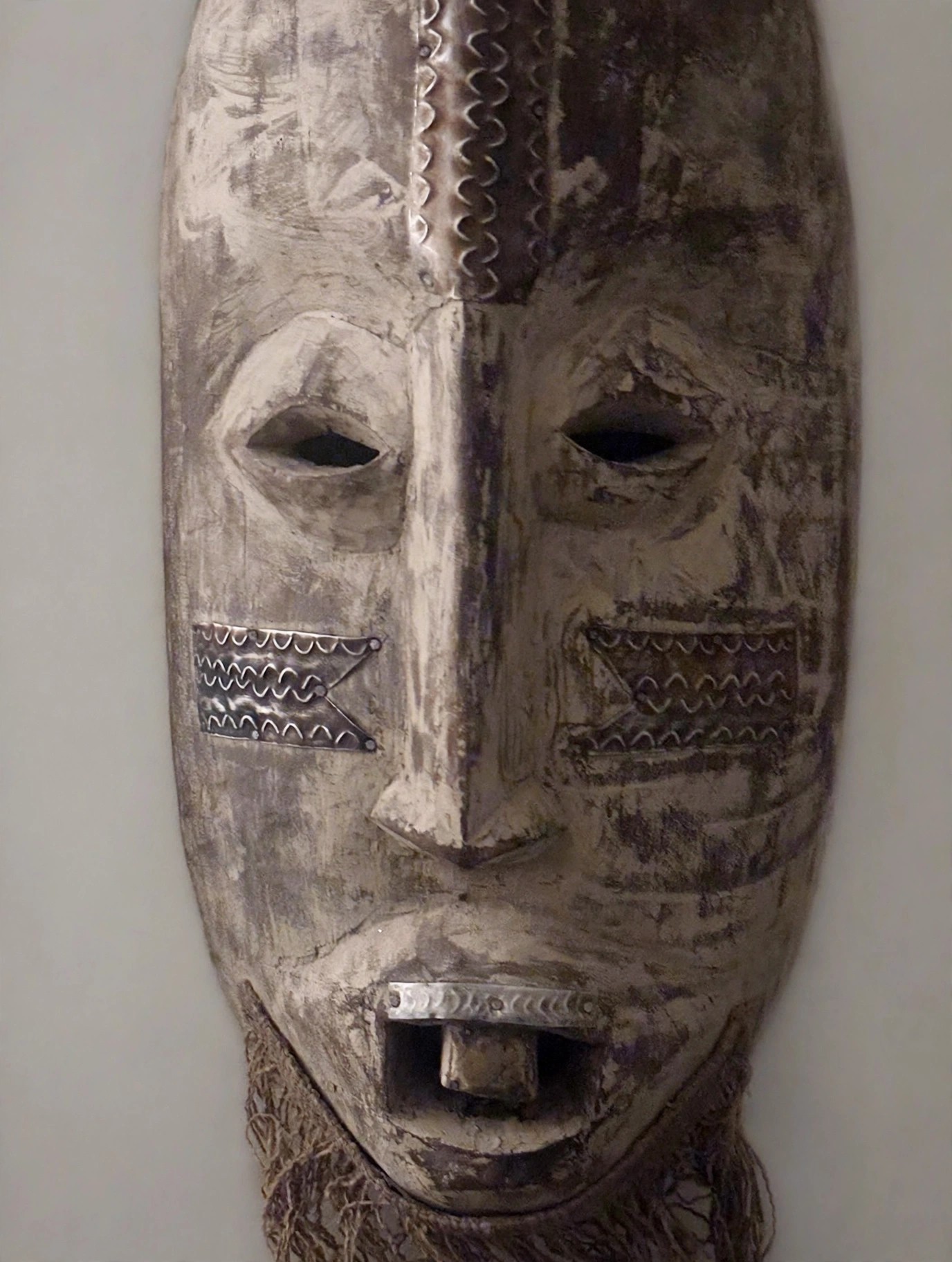 Large 18in Tribal Mask, Metal Plated with Nails, Beard - photo 3