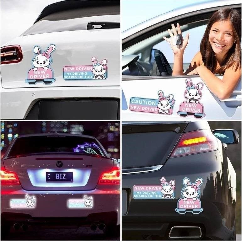 NEW 4pcs Cute Cartoon Rabbit Student Driver Magnet, Reflective