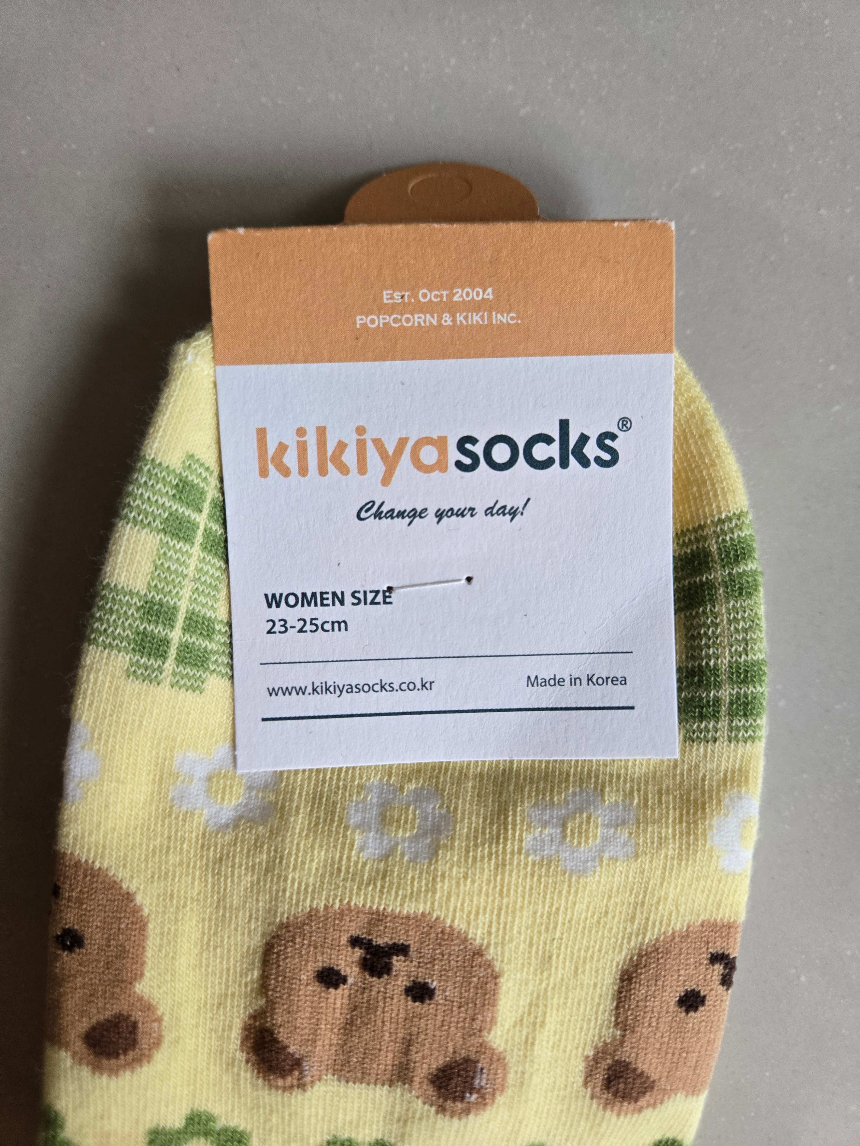 Korean Cute Bear Yellow Socks Green Flower - photo 2