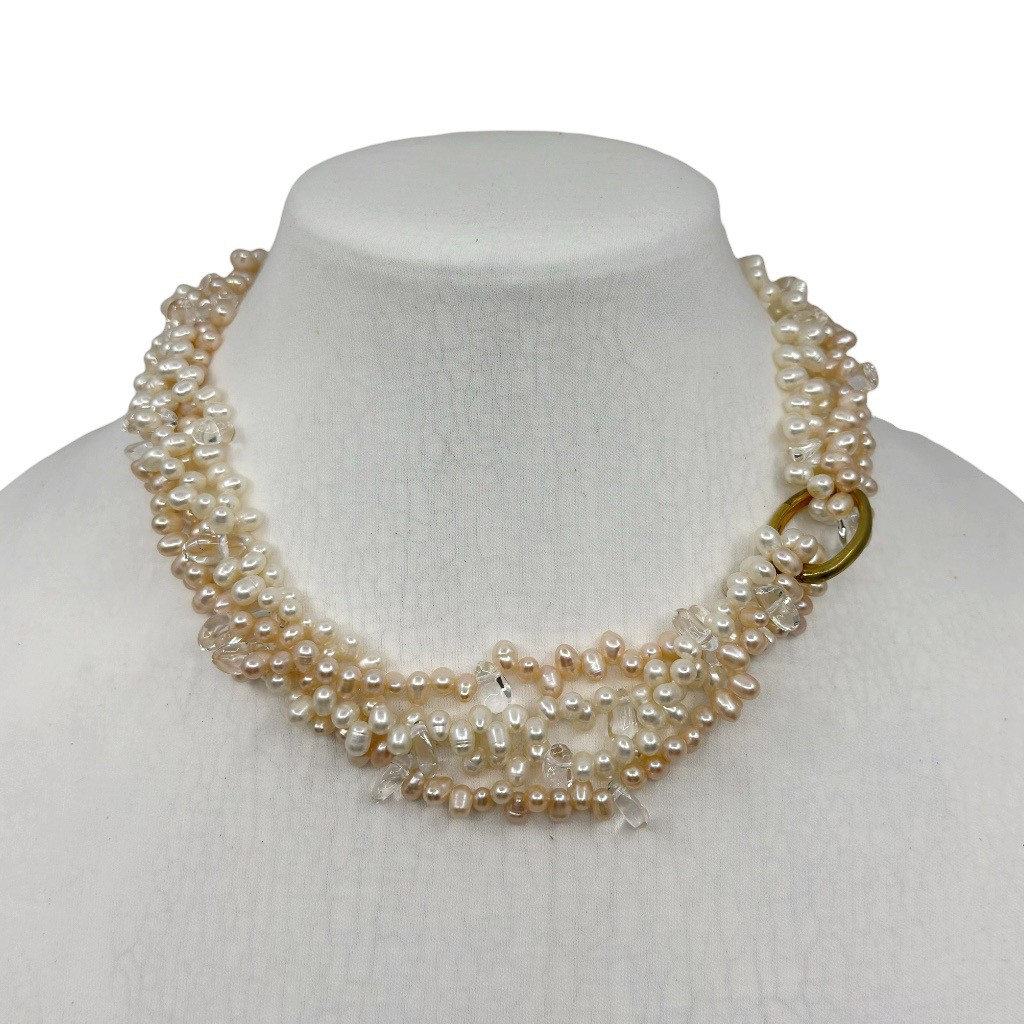 Gold filled cultured pearl & quartz torsade necklace
