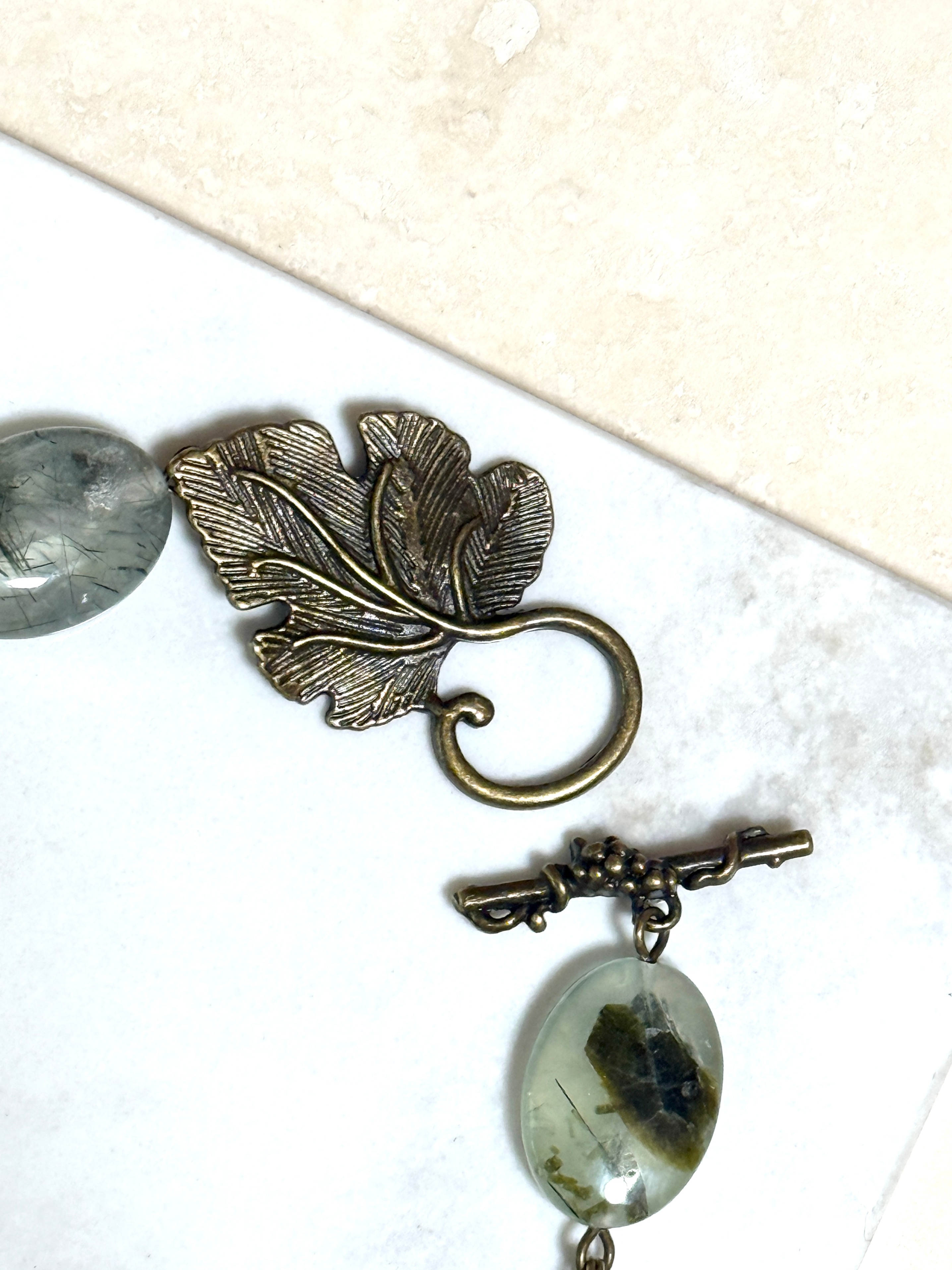 Green Prehnite Bracelet, Bronze Grape Leaf Toggle - photo 3
