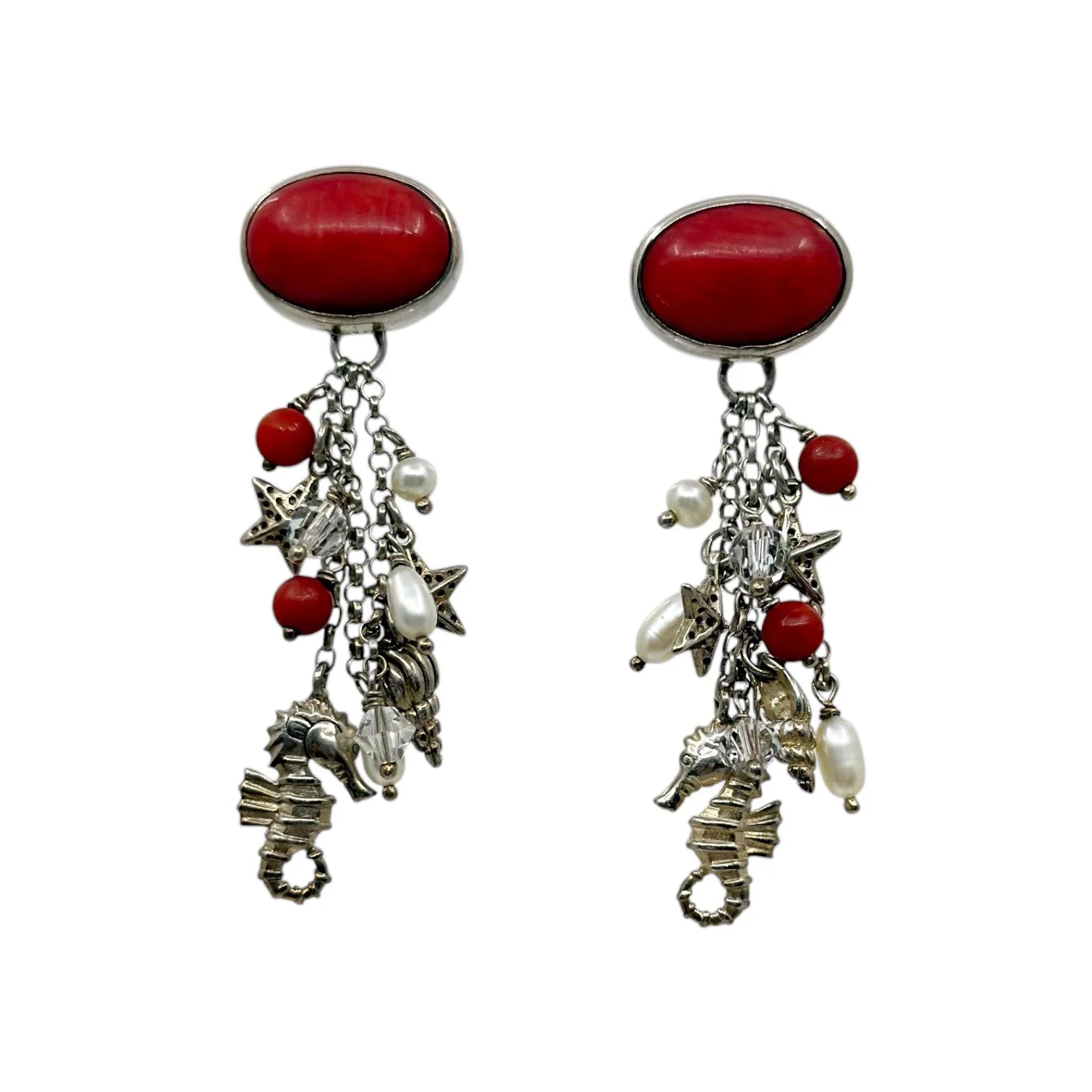 sterling silver coral pearl & crystal sea life drop earrings