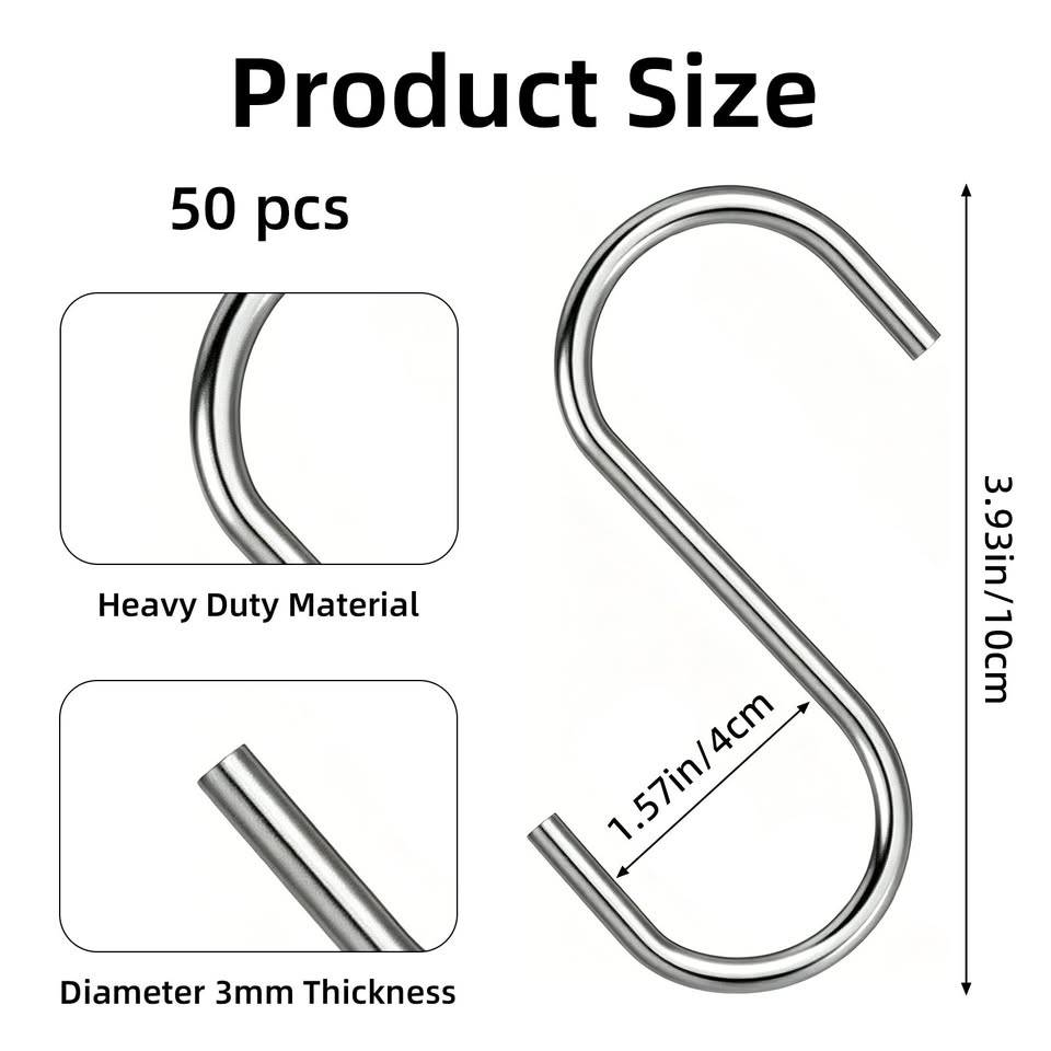 Stainless Steel S Hooks – 50 Pack, Silver - photo 5
