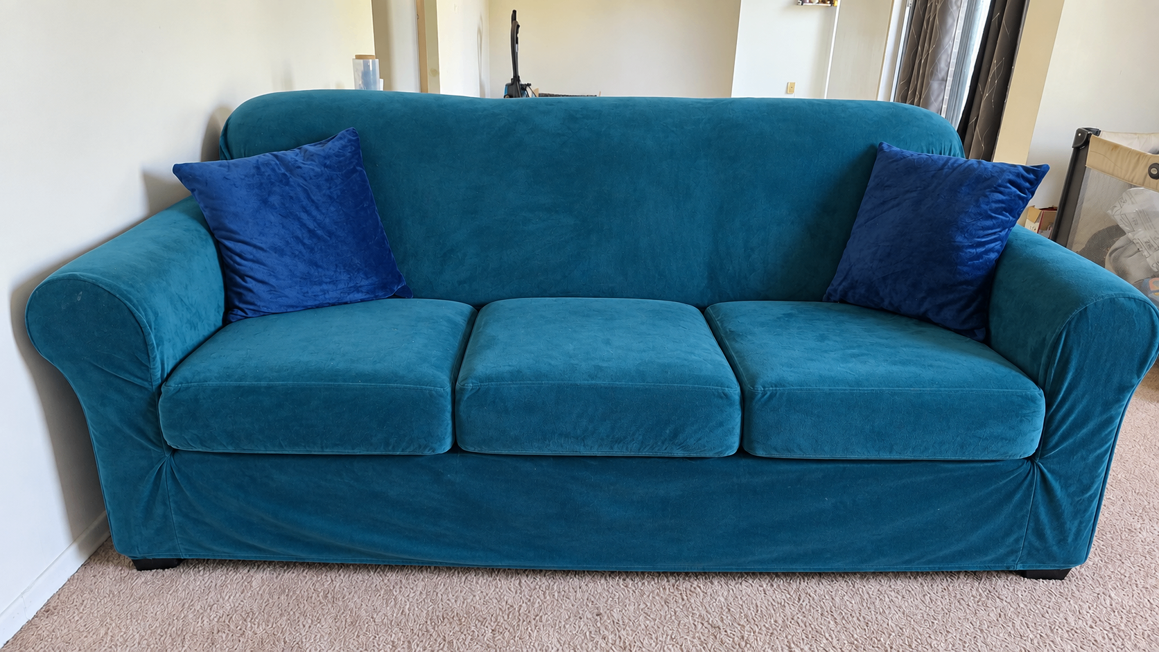 3-Seater Brown Fabric Sofa + Custom Plush Teal Velvet Slipcover