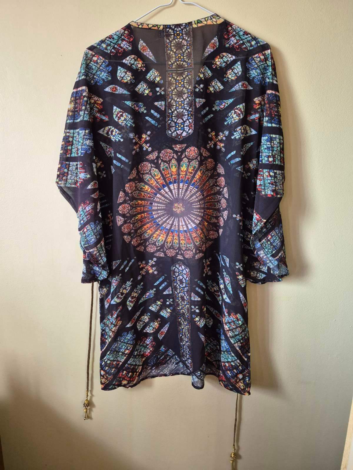 Boho Stained Glass Print Sequin Embellished Kaftan Cover Belted - photo 5