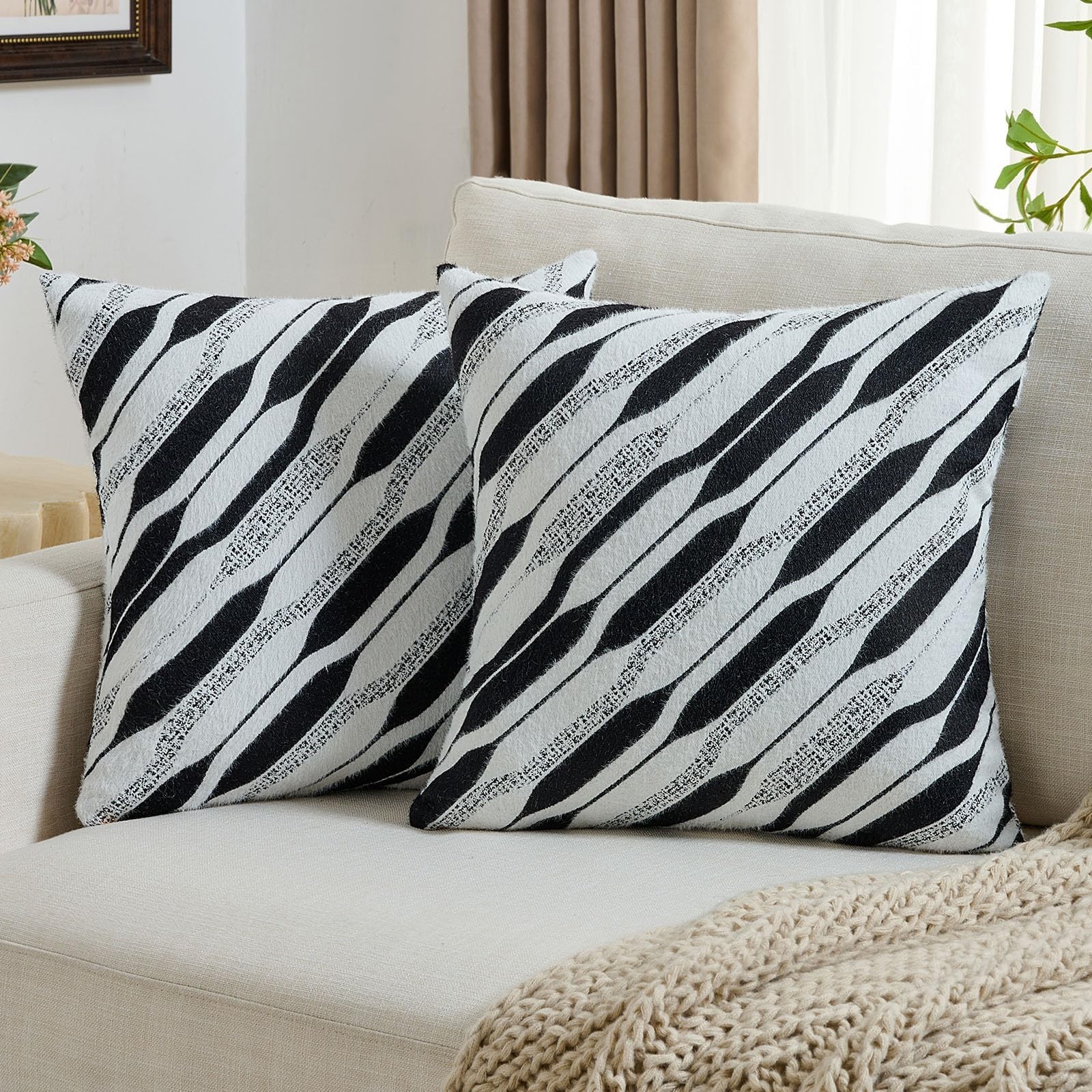 Set of 2 Black and White Textured Throw Pillows