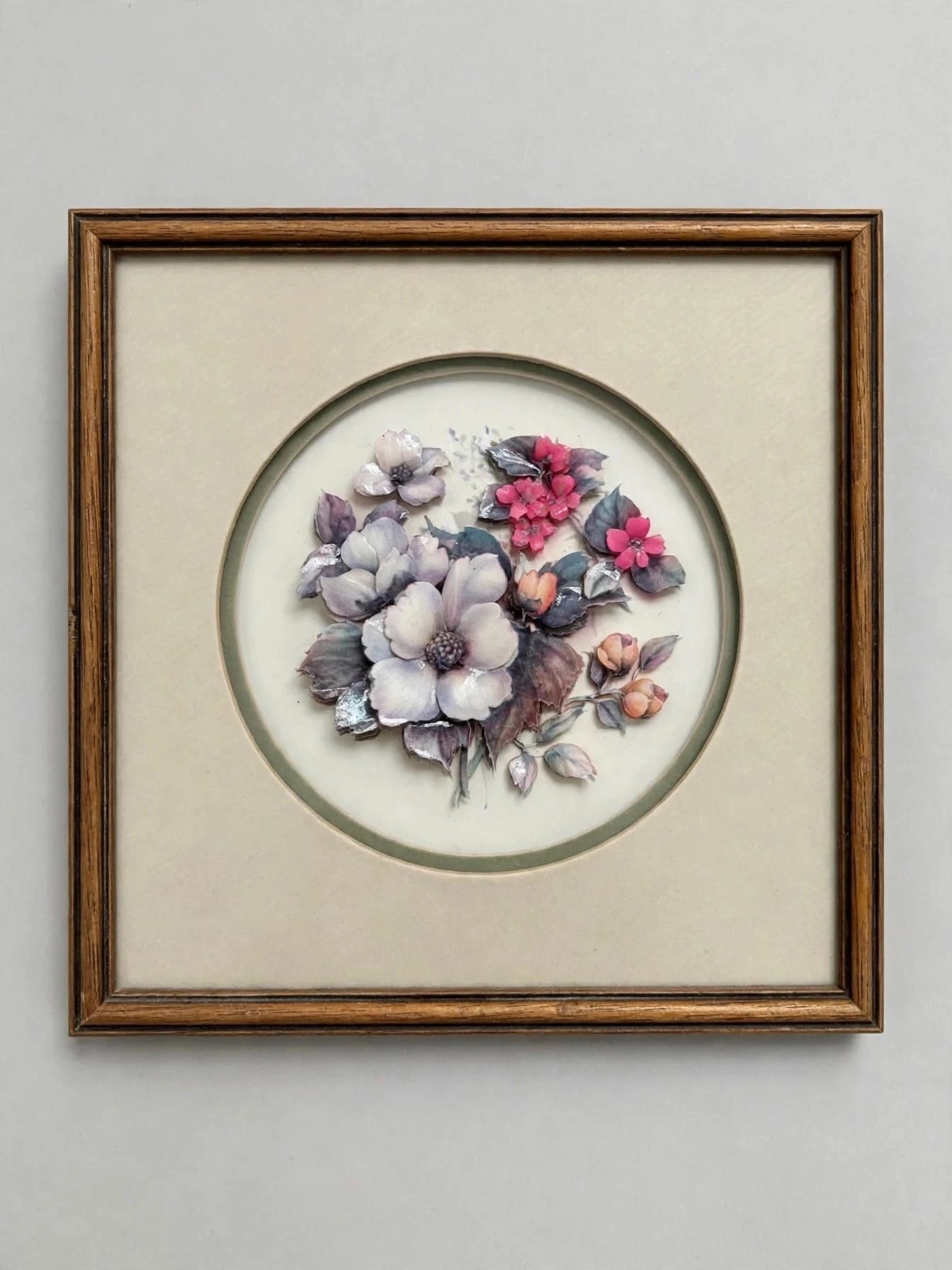 Vintage 3D Floral Paper Tole Framed Art White Pink Bouquet - photo 2