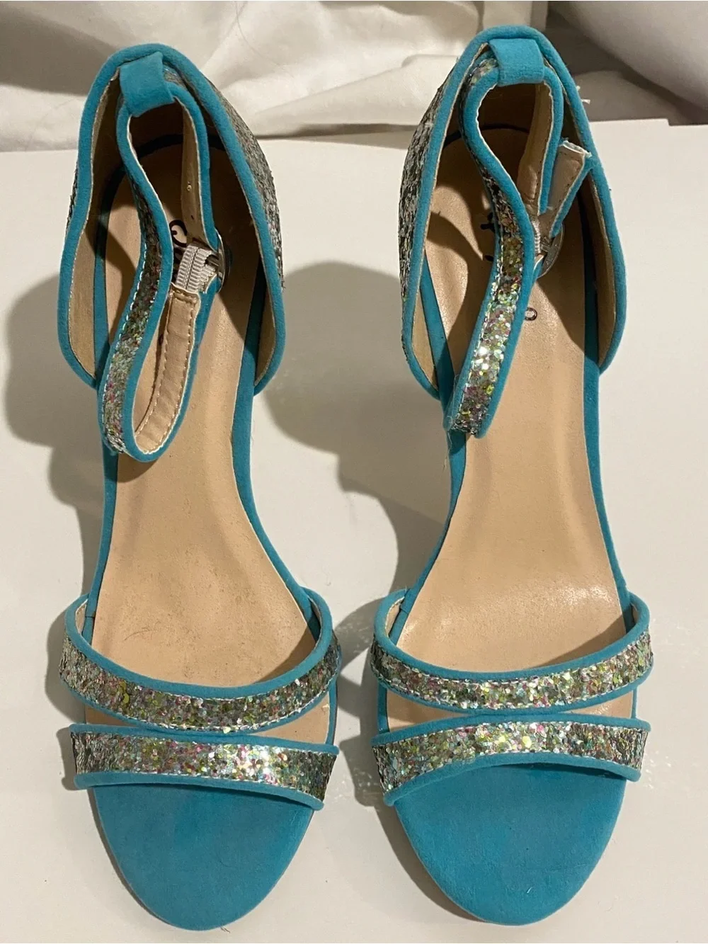 Qupid Women's 7 Teal Blue Sparkle Glitter Stiletto Heels