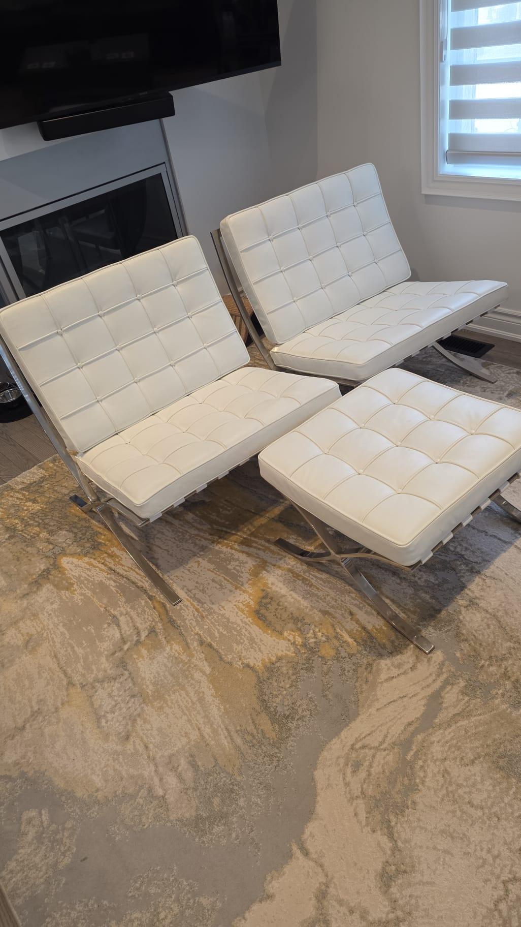 2 White Mid-century Modern Barcelona Style Chairs & Ottoman