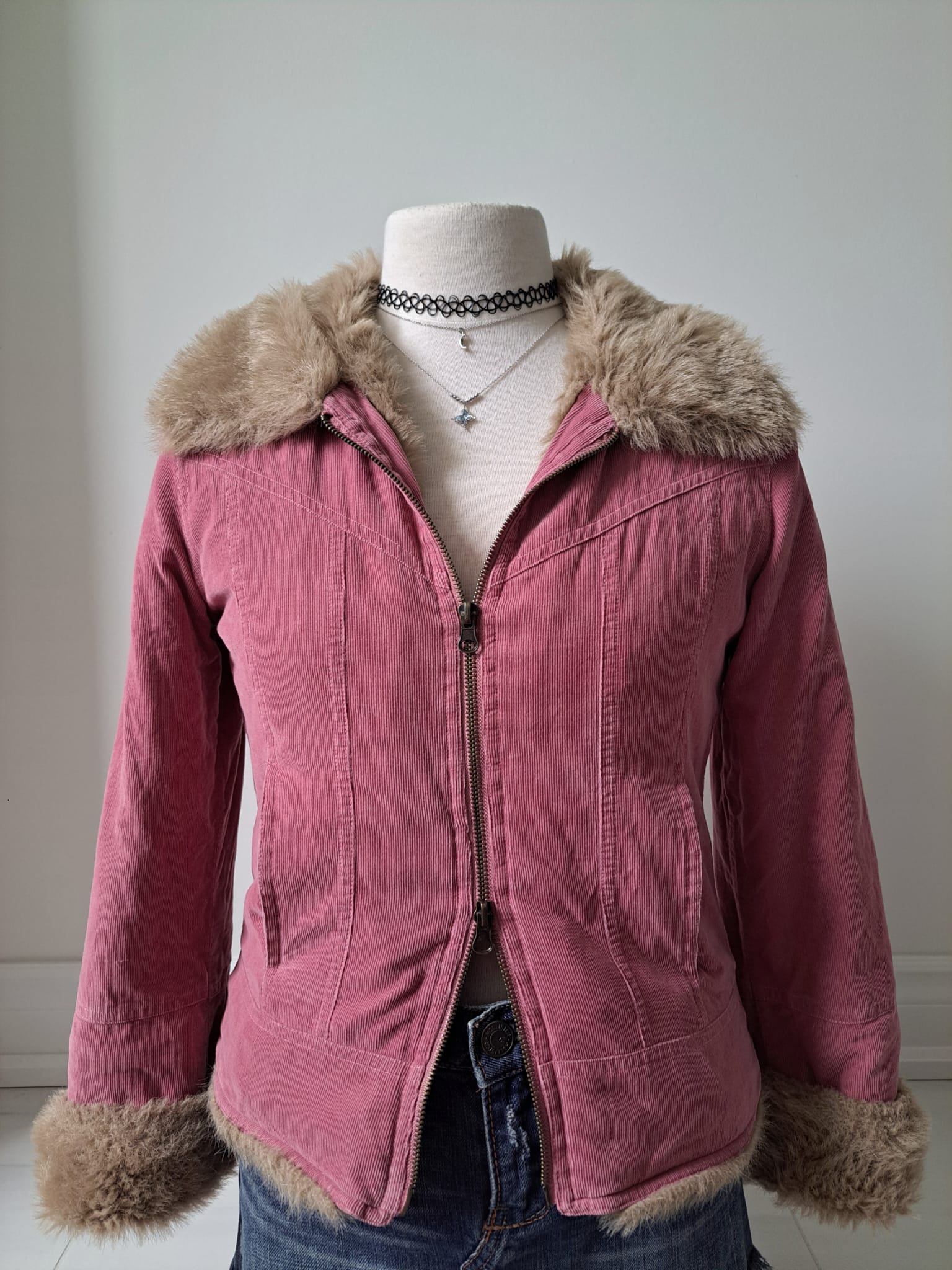 🎀 Y2K Dusty Pink Faux Fur Lined Corduroy Jacket