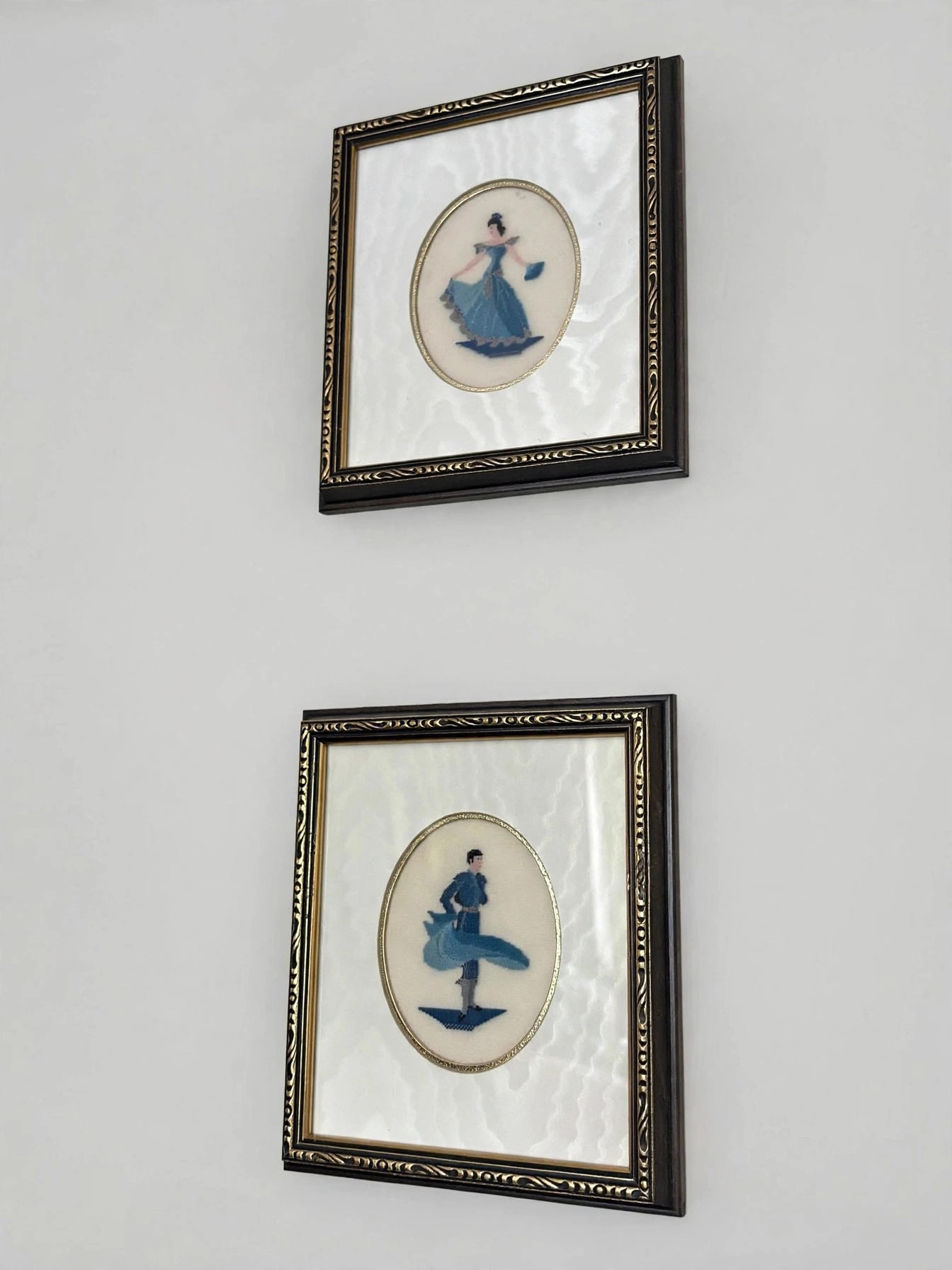Vintage Framed Cross-Stitch Couple Blue Period Clothing Pair