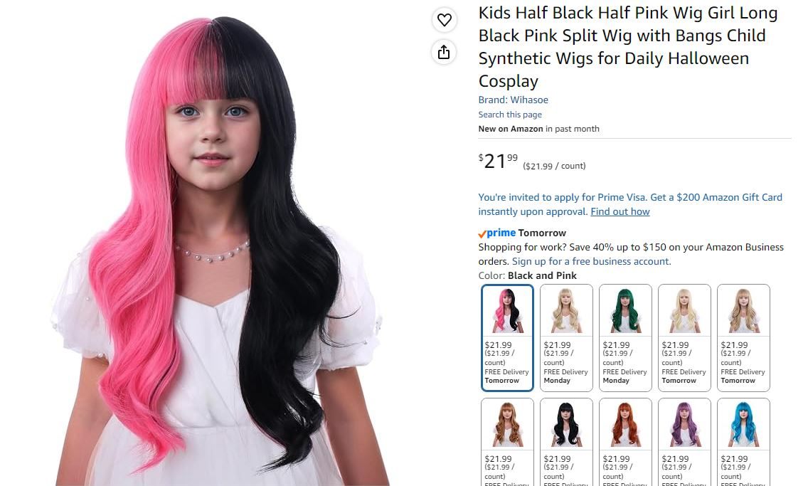 NEW~ Kids Black & Pink Split Wig, Halloween - photo 4