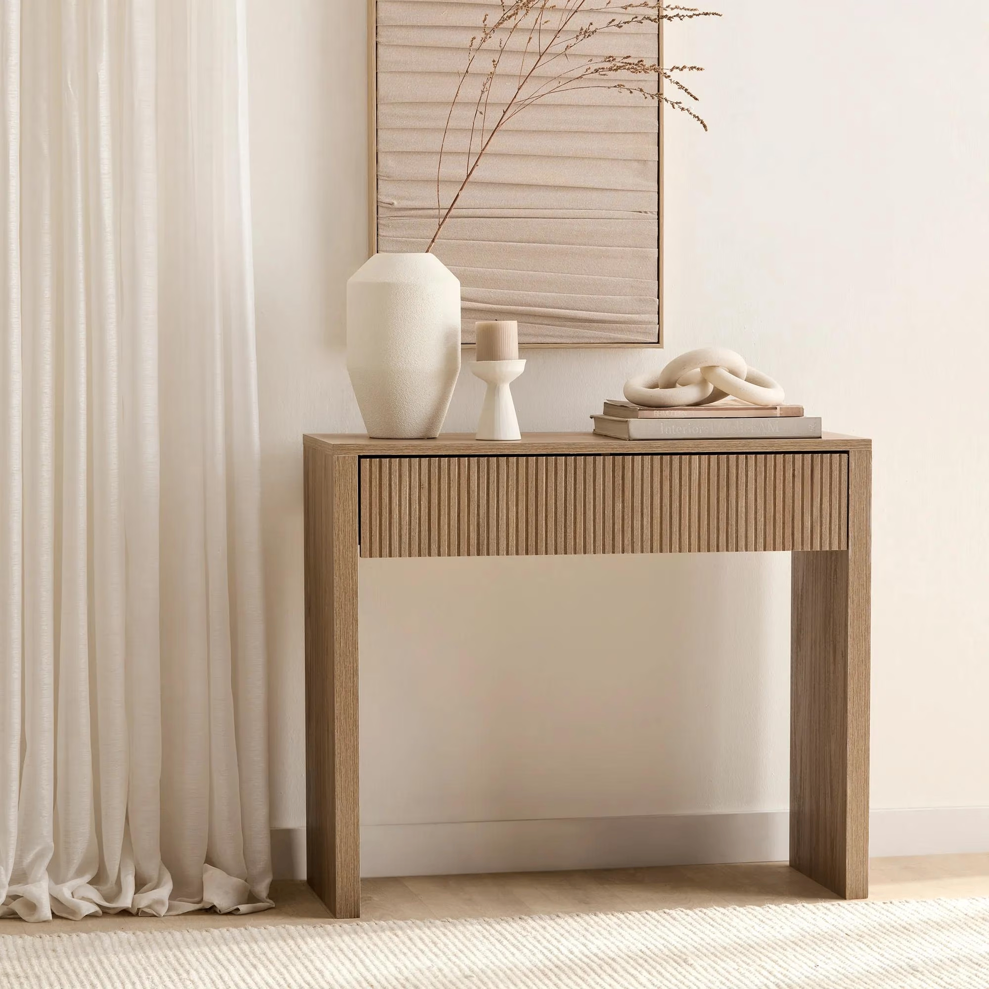 Natural Oak Wood Veneer Entryway Console Table with Drawer