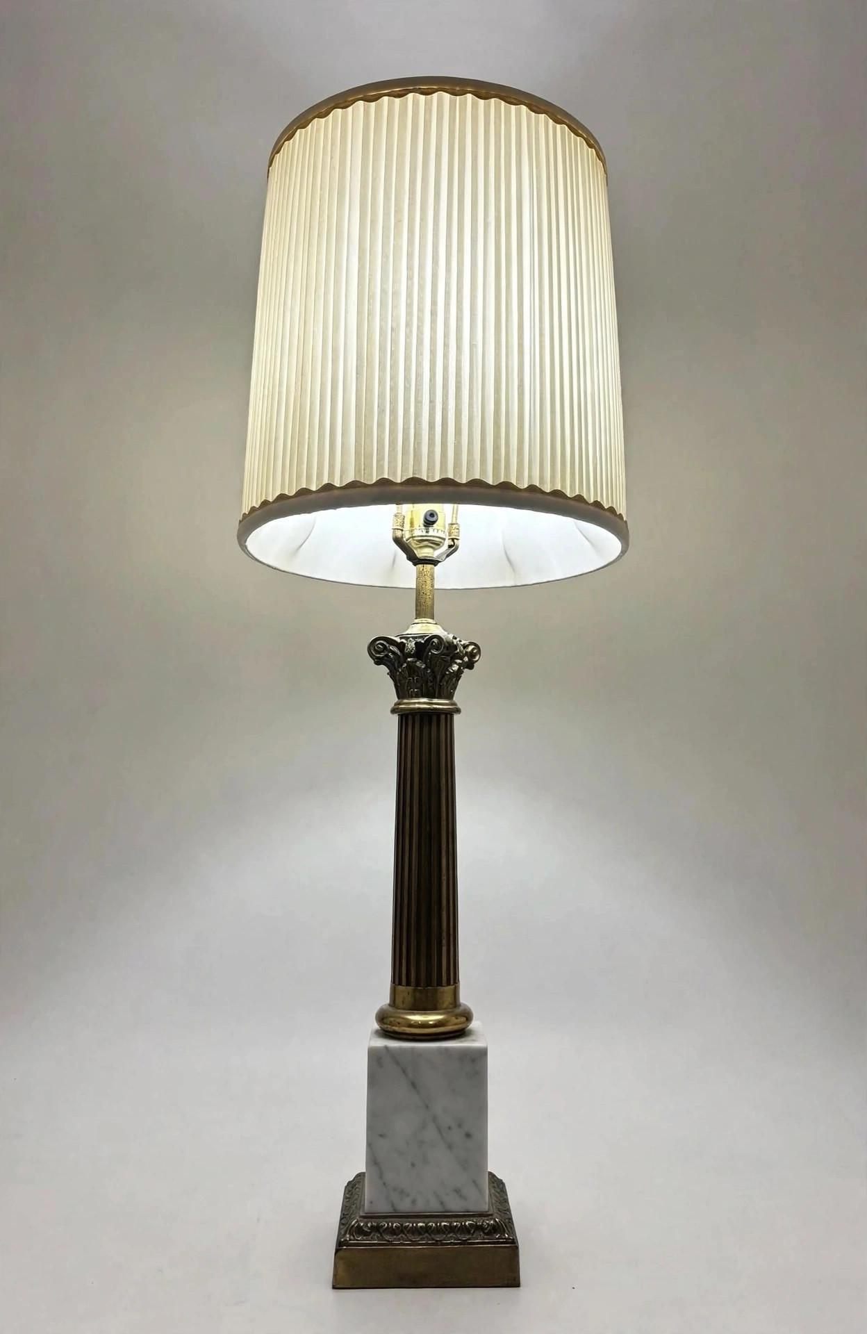 Hollywood Regency Brass Marble Column Table Lamp Pleated Shade - photo 3