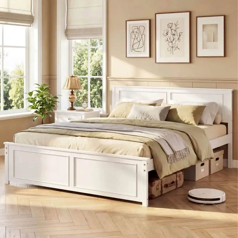 BNIB White Queen Size Platform Bed Frame with Headboard