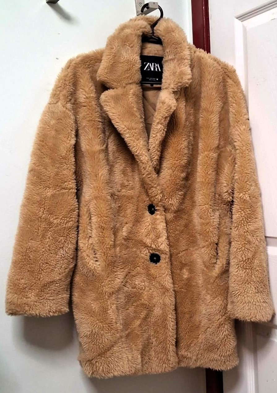 ZARA Oversized Plush Teddy Bear Fur Coat Mid-length