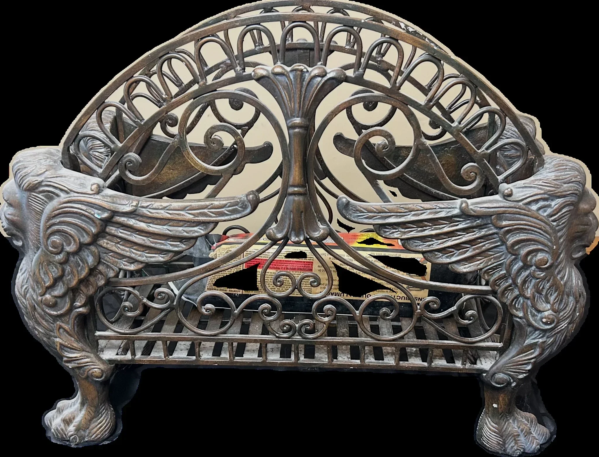 Ornate Cast Iron Fireplace Log Grate w/ Lions
