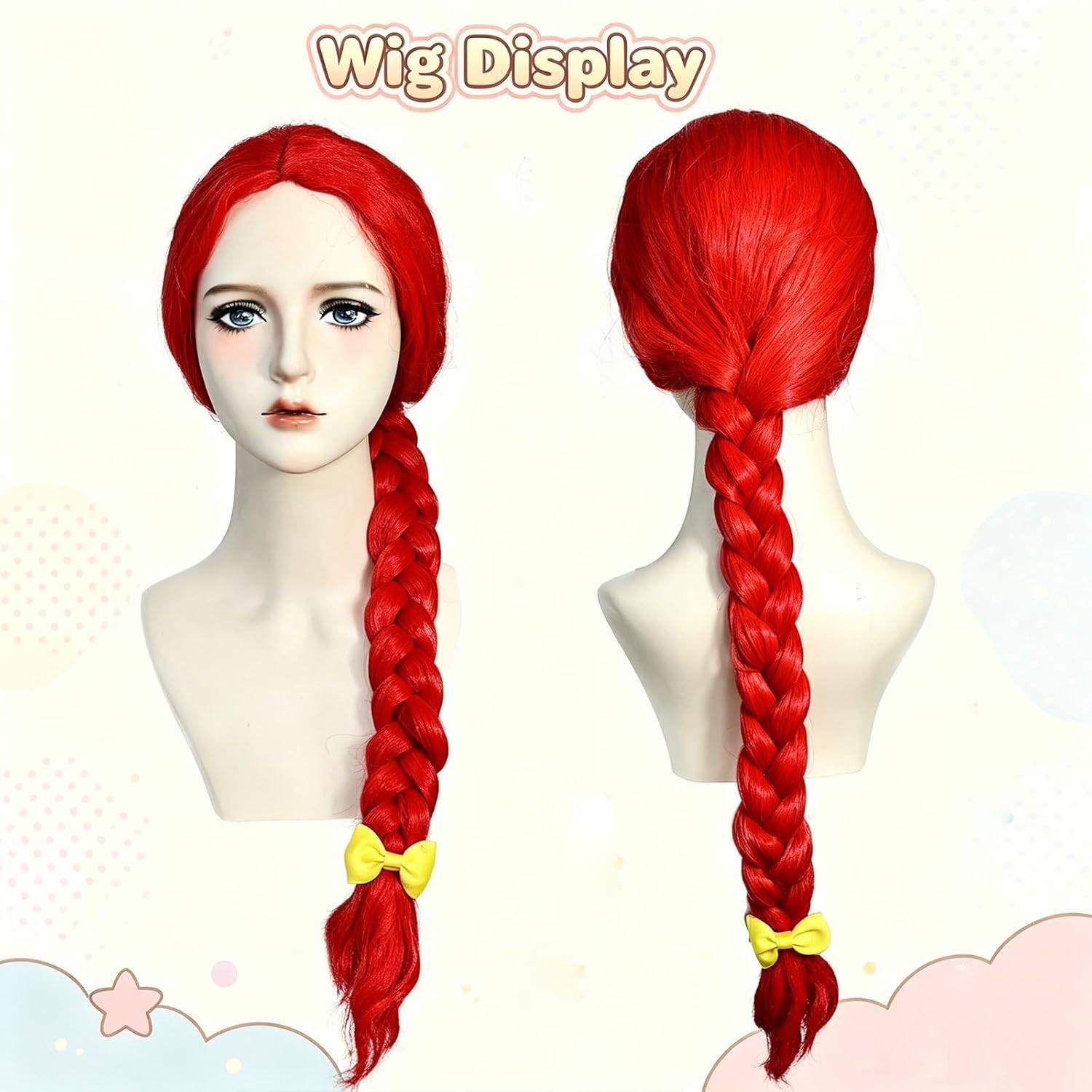 New~Long Red Braided Wig with Yellow Bow