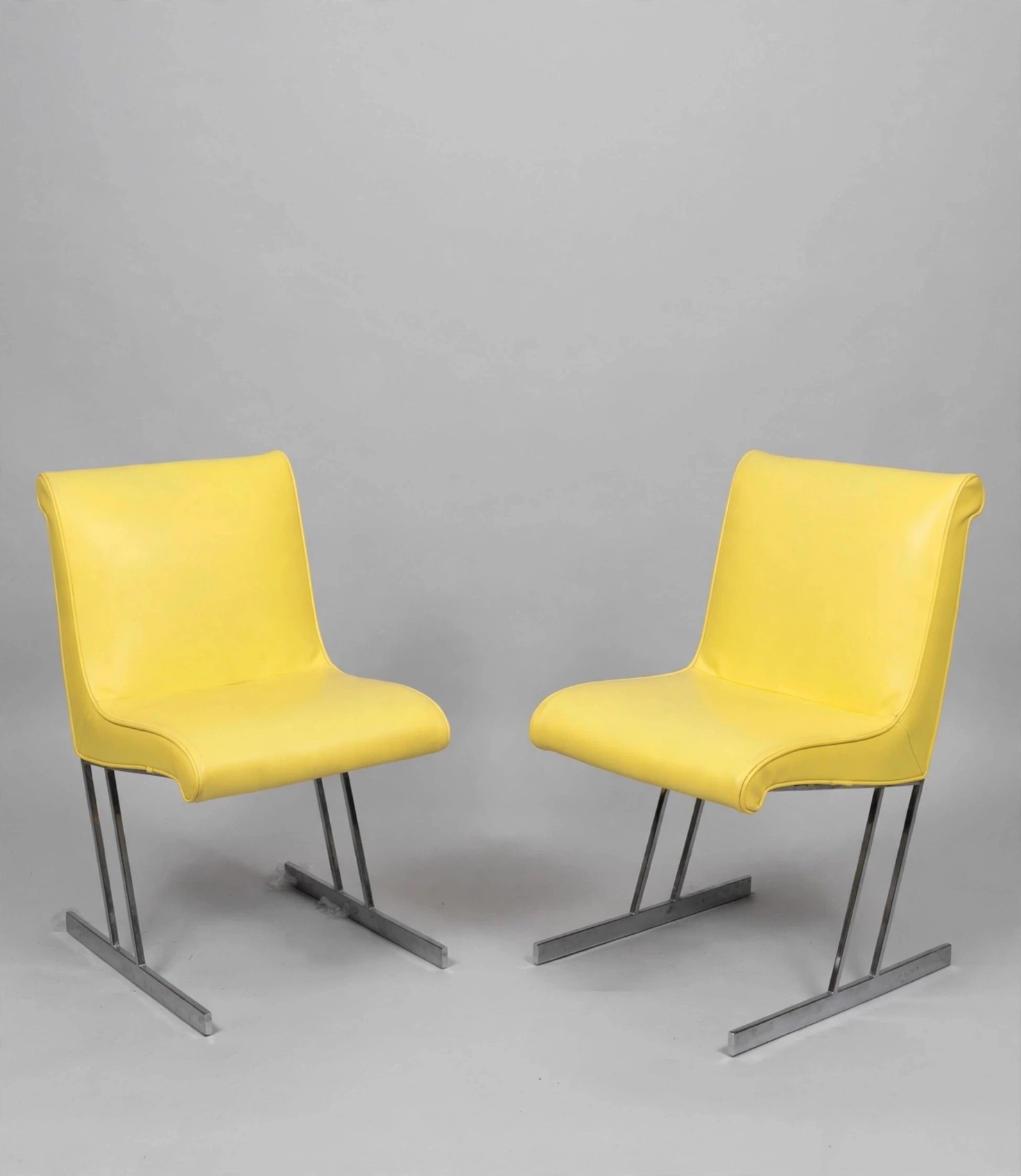 FDY Yellow Vinyl Cantilever Dining Chairs Pair, Chrome Base