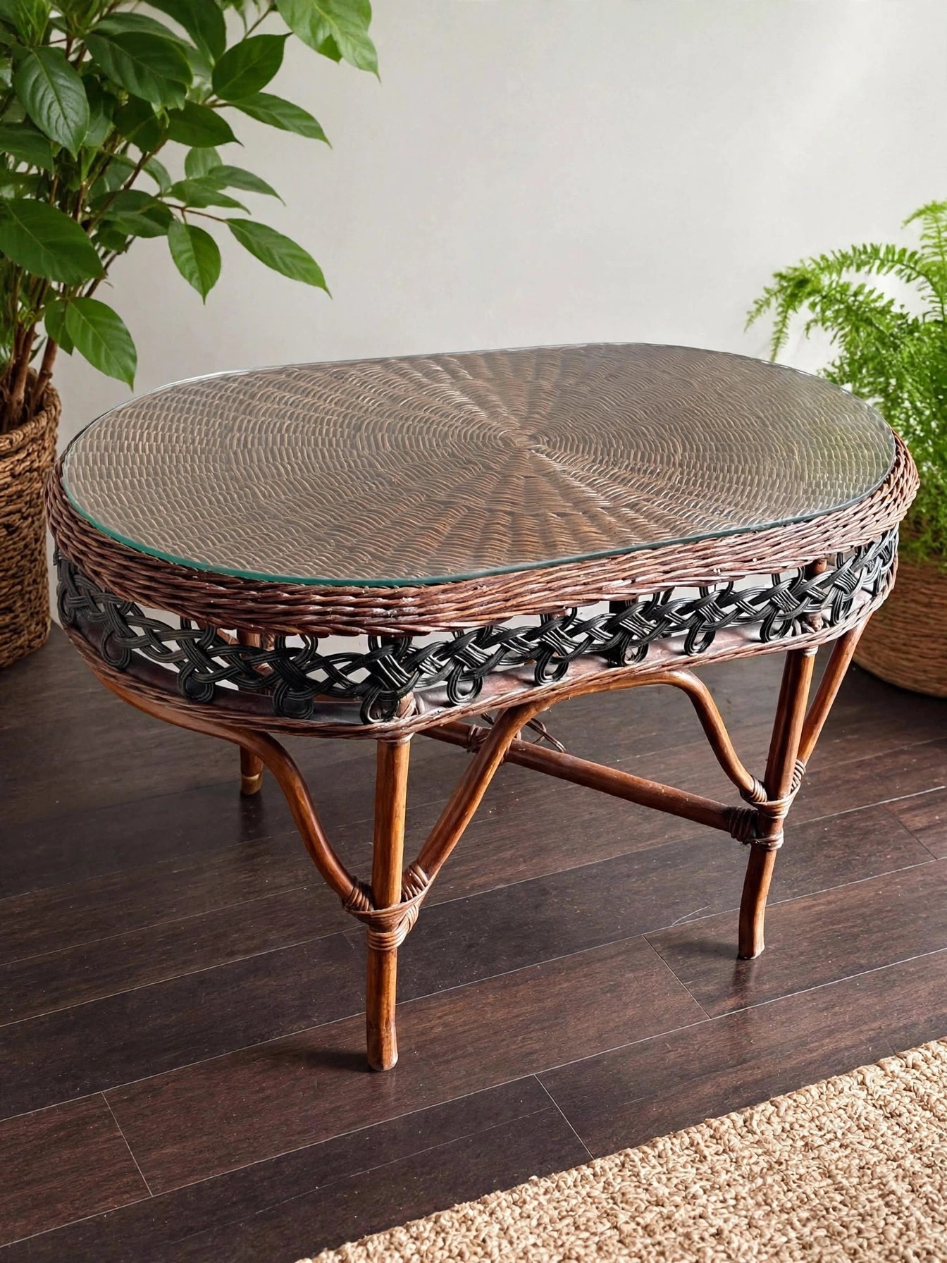 Vintage Mid-Century Rattan Oval Coffee Table, Original Glass