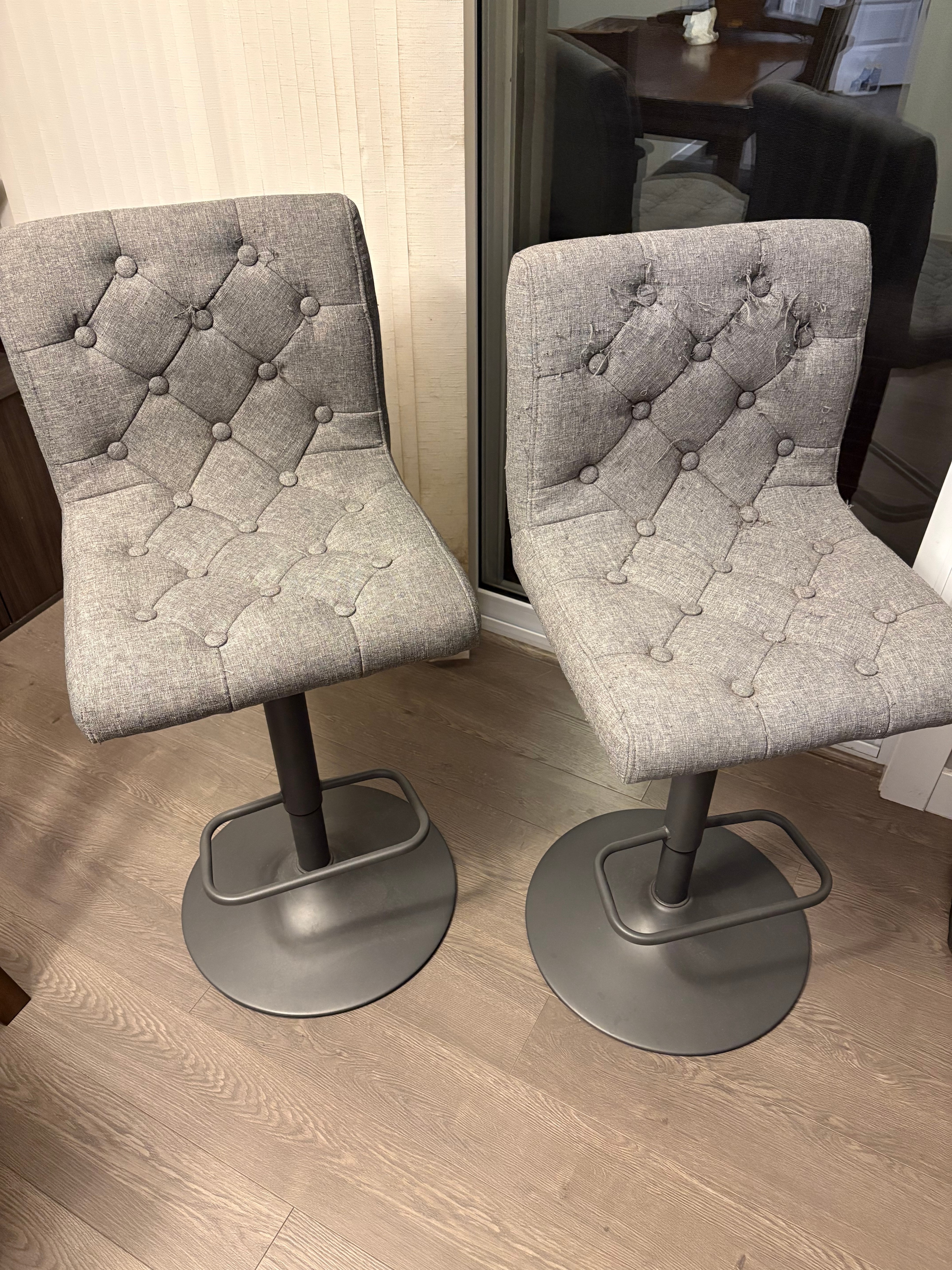 Two Grey Upholstered Bar Stools