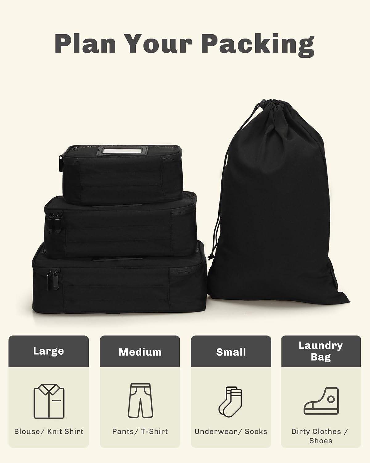 Packing Cubes Travel Organizer Bag Jet Black 4PCS - photo 4