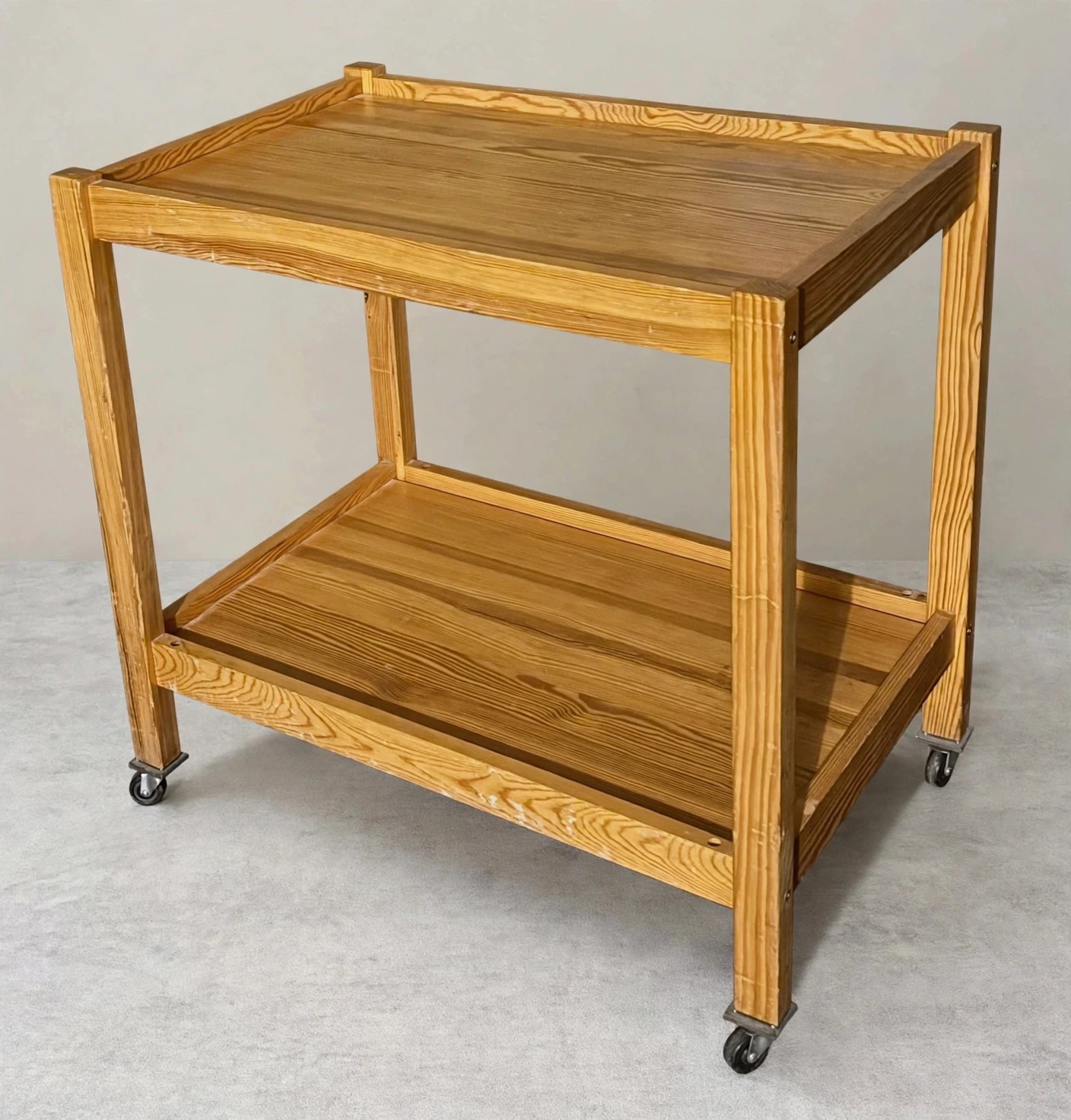 Vintage 70s Solid Pine Two-Tier Rolling Utility Cart on Casters